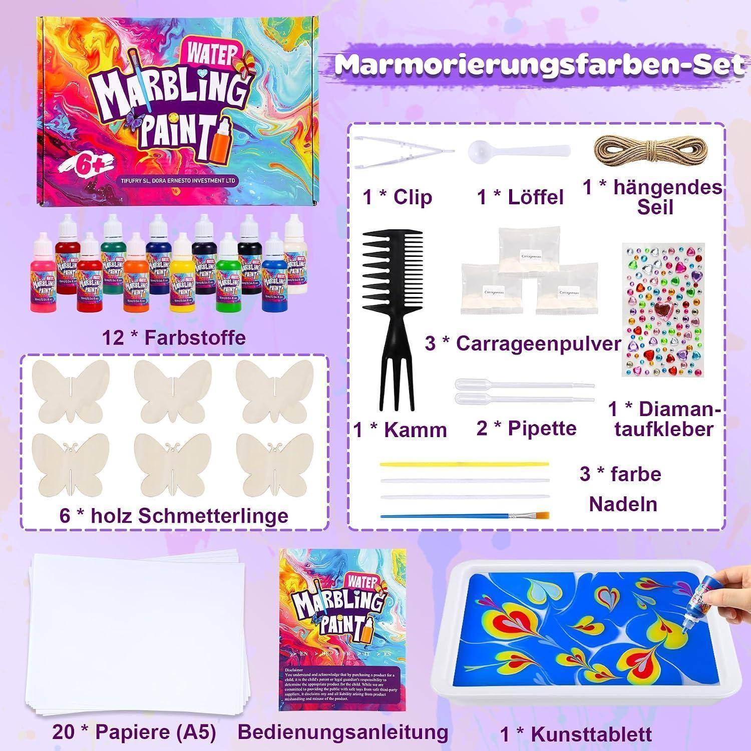 Inhalt des Water-Marbling-Farb-Sets: 12 Farbstoffe, 20 A5-Papiere, Schmetterlingsausschnitte, Werkzeuge, Anleitung und ein Kunsttablett zum Erstellen von Designs.