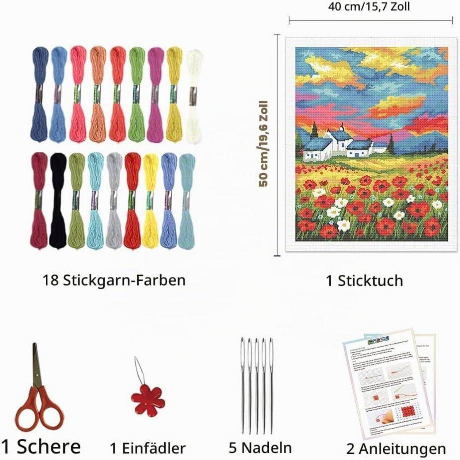 Stickerei-Set Inhalt: 18 Stickgarn-Farben, ein 40 x 50 cm Kreuzstich-Muster, eine Schere, eine Einfädelungshilfe, fünf Nadeln und zwei Anleitungsblätter.