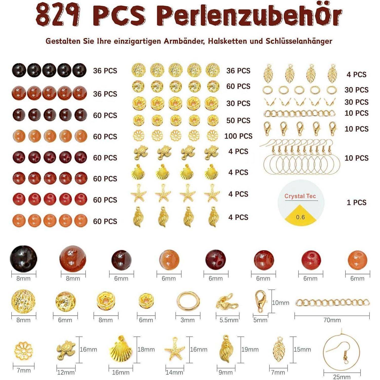829 STK Perlenzubehör' Bastelperlen-Set mit sortierten Perlen, Anhängern, Verschlüssen, Ringen und Kristallfaden zum Herstellen von Armbändern, Halsketten und Schlüsselanhängern.