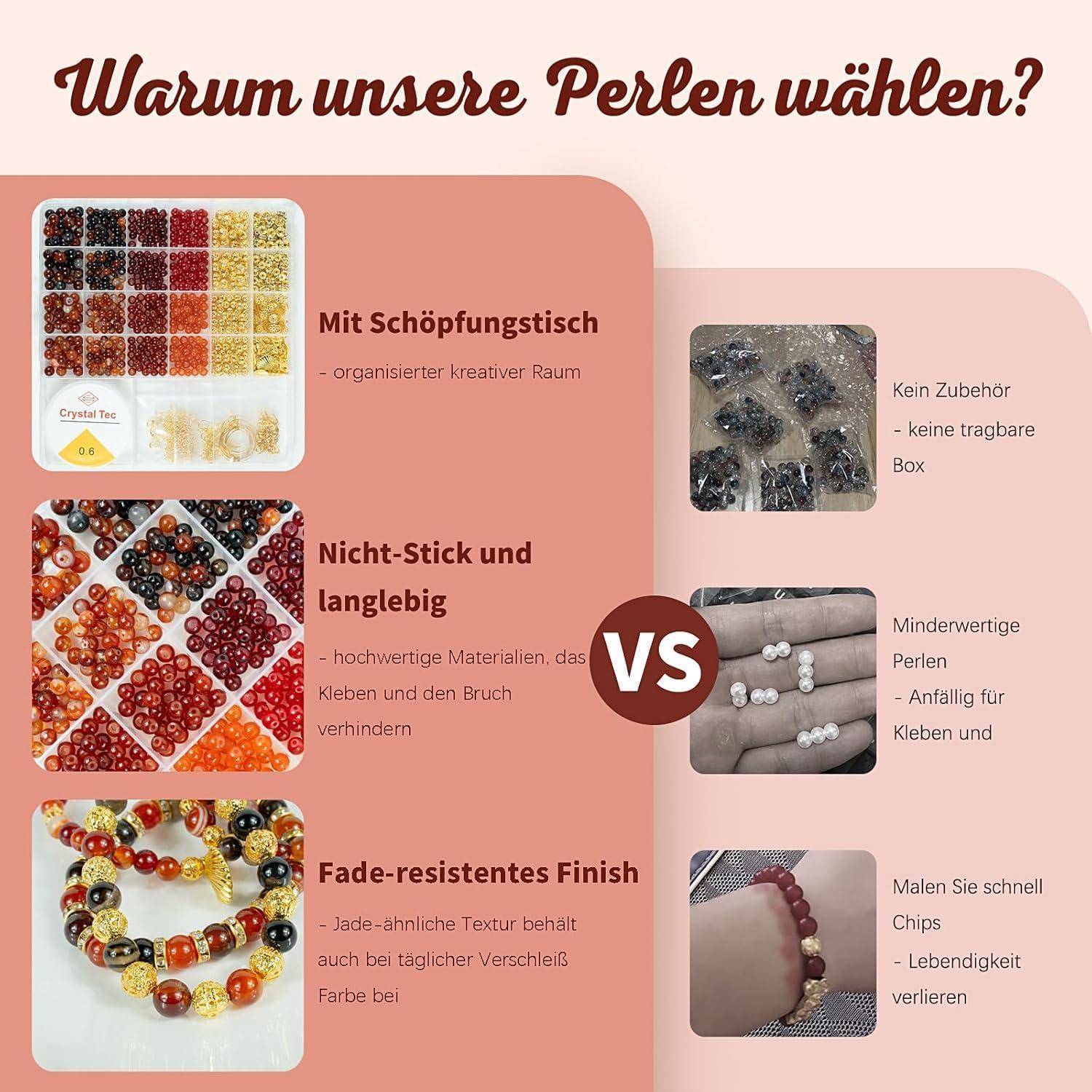 6mm Edelstein Perlen zum Auffädeln Kit, Naturstein Perlen Armbänder Selber Machen Set, Rot DIY Perlenset Armband Schmuck Basteln, Perlen Armband Set