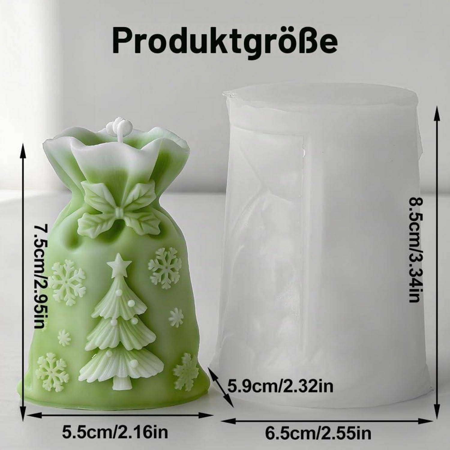 Produktgrößendiagramm mit einer grünen Weihnachtsbaumgeschenktüten-Kerzenform mit den Abmessungen 7,5 cm Höhe, 5,5 cm Breite und 5,9 cm Tiefe; die fertige Tasche ist 8,5 cm hoch und 6,5 cm breit.