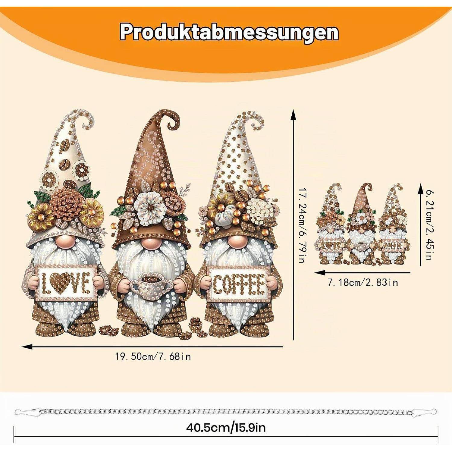 Produktmessdiagramm mit einer dekorativen Gnomund Kettendimensionen: Gnom 17,24 cm Höhe, 19,50 cm Breite; Miniset 7,18 cm Breite, 6,21 cm Höhe; Kette 40,5 cm Länge.
