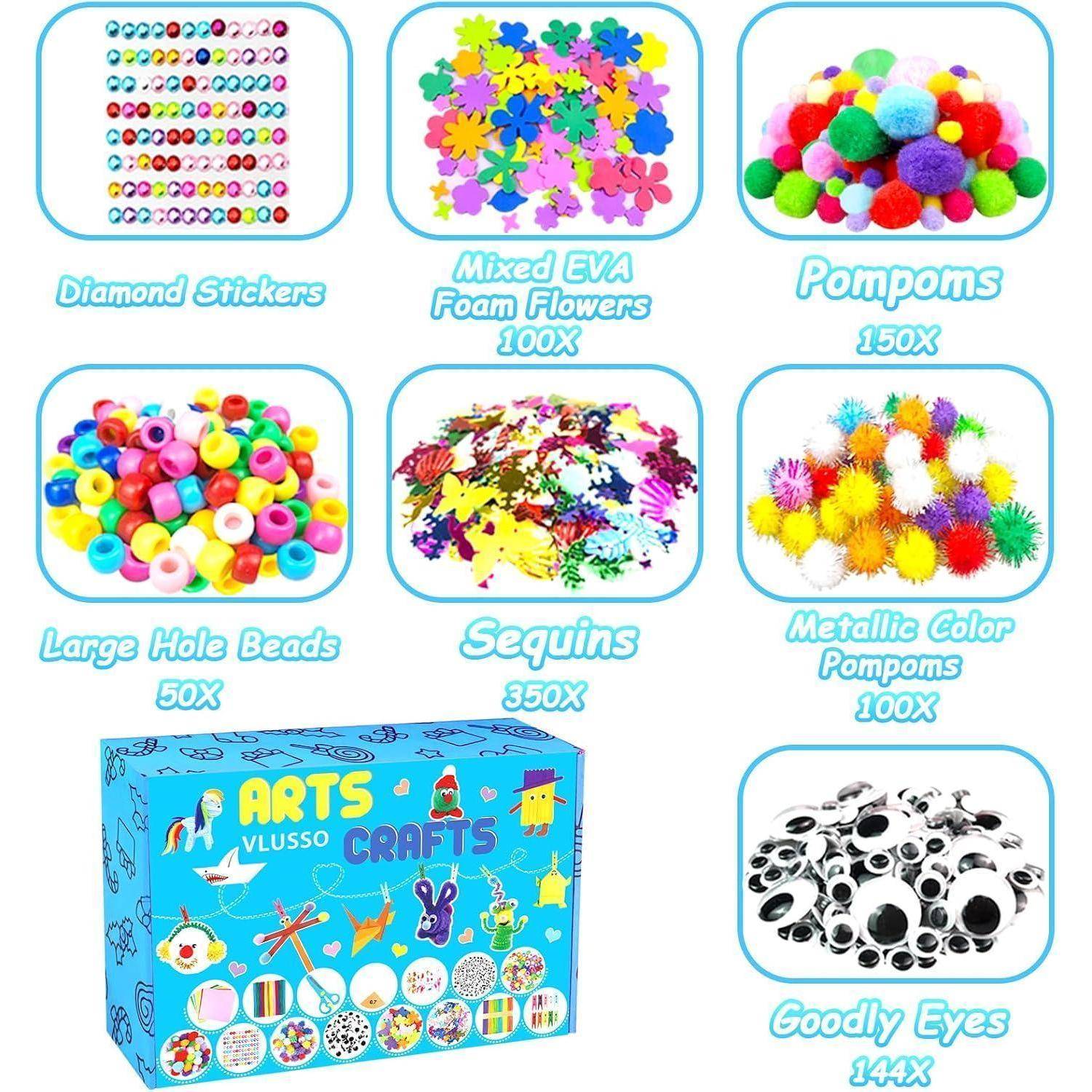 Collage von Bastelmaterialien mit gekennzeichneten Mengen: Diamantaufkleber, EVA-Schaumstoffblüten, Pompons, Perlen mit großem Loch, Pailletten, metallische Pompons, Wackelaugen und eine Bastel- und Handwerkskiste.
