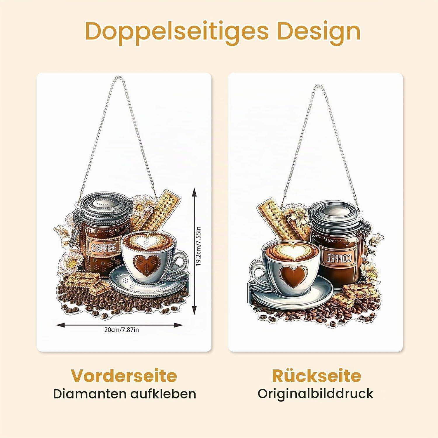 Nebeneinander angeordnete Produktabbildung eines Diamond-Painting-Designs; die Vorderseite zeigt „Diamanten aufkleben" und die Rückseite „Originalbilddruck"", mit einer Größe von 20 cm mal 25 cm.