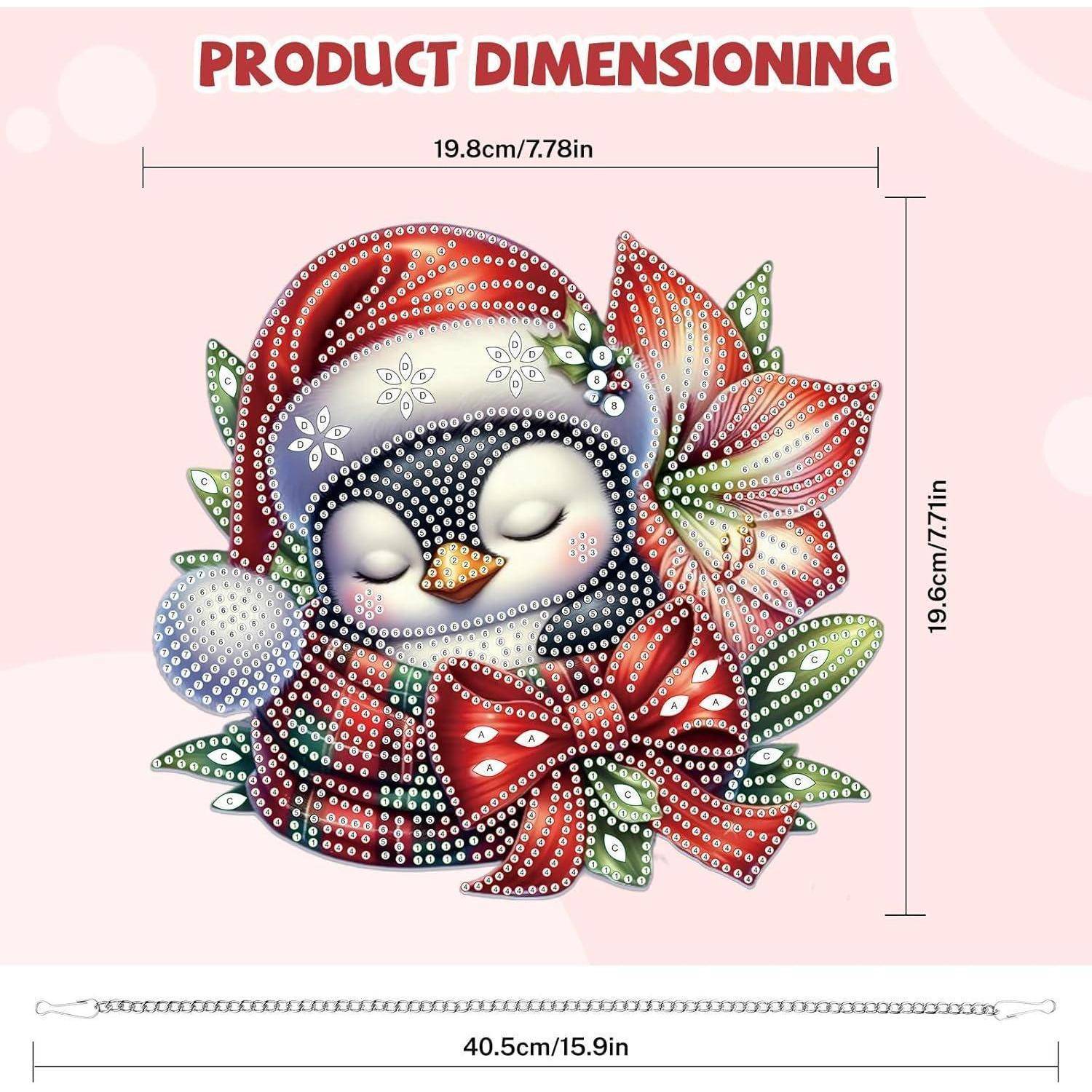 Produktdimensionsgrafik für einen diamantbemalten schlafenden Pinguin mit Blumen, Größe 19,8 cm x 19,6 cm; Kettenlänge 40,5 cm.