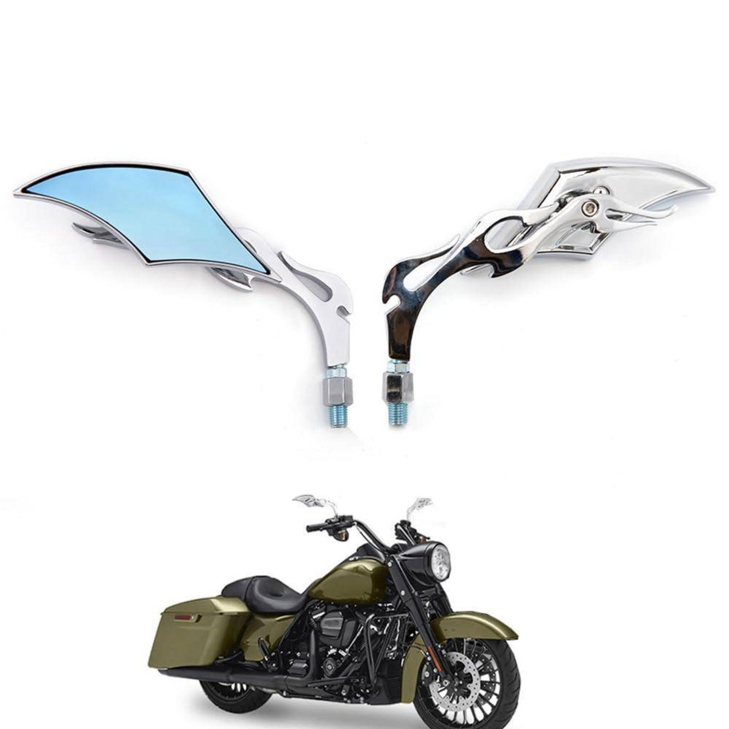 Paar verchromte und blaue Motorrad-Rückblickspiegel über einem Tourenmotorrad mit Seitentaschen, das die Konstruktion und Montage der Spiegel zeigt.