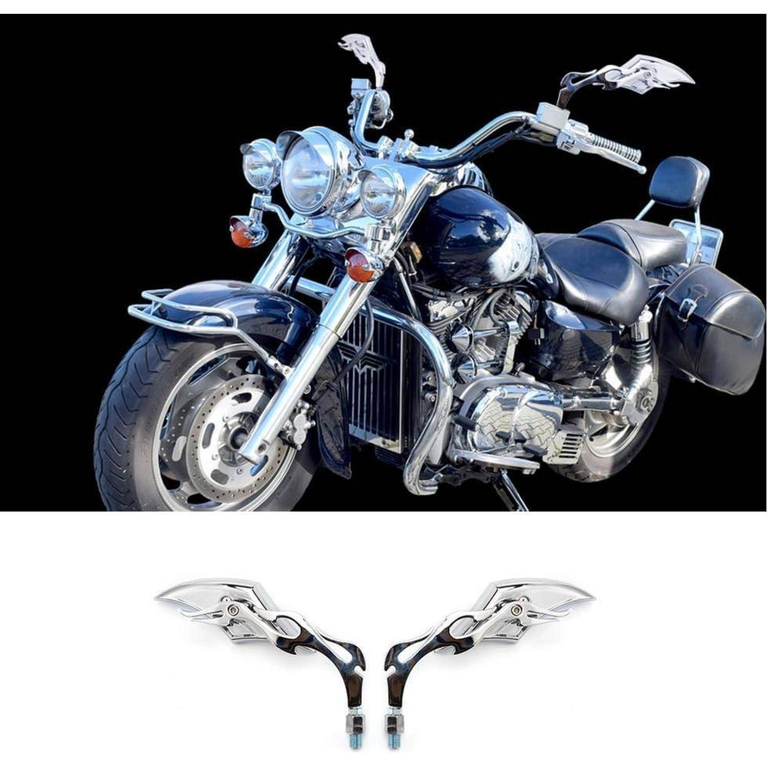 Maßgefertigtes Cruiser-Motorrad mit Chromteilen und Ledersatteltaschen, abgebildet oben passend zu flügelförmigen Lenkerspiegeln auf weißem Hintergrund.