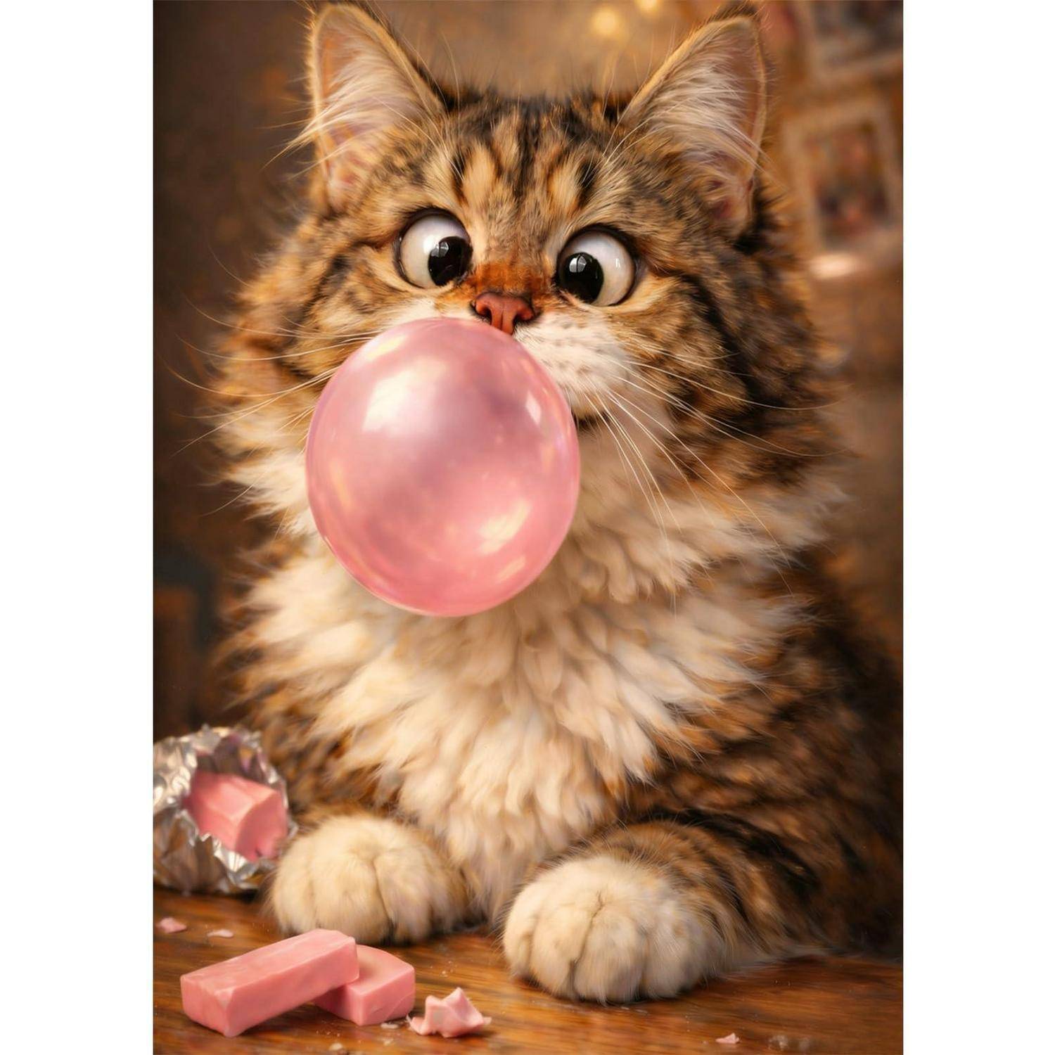 Flauschiges Tabby-Kätzchen mit weit aufgerissenen Augen, das eine rosa Kaugummiblase bläst, Pfoten auf einem Tisch mit zerbrochenen rosa Kaugummistücken in der Nähe.