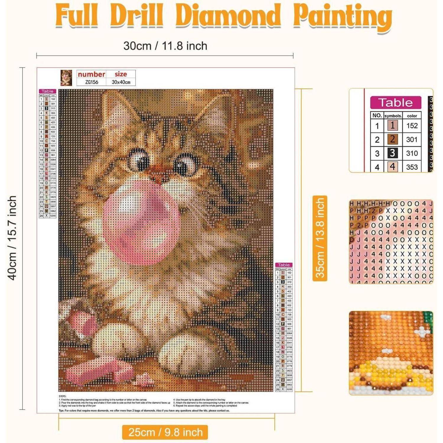 Produktabbildung eines vollständigen Diamantmalerei-Sets mit einer Katze, die rosafarbenes Kaugummi bläst, mit Größenetiketten, Symboldiagramm und angezeigter Farbentabelle.