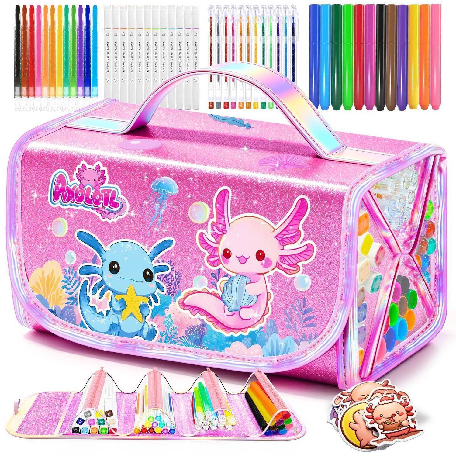 Rosa glitternde Kinderkunst-Set-Tasche mit Tragegriff, die bunte Stifte, Marker und Zeichenwerkzeuge innen und rundherum zeigt.