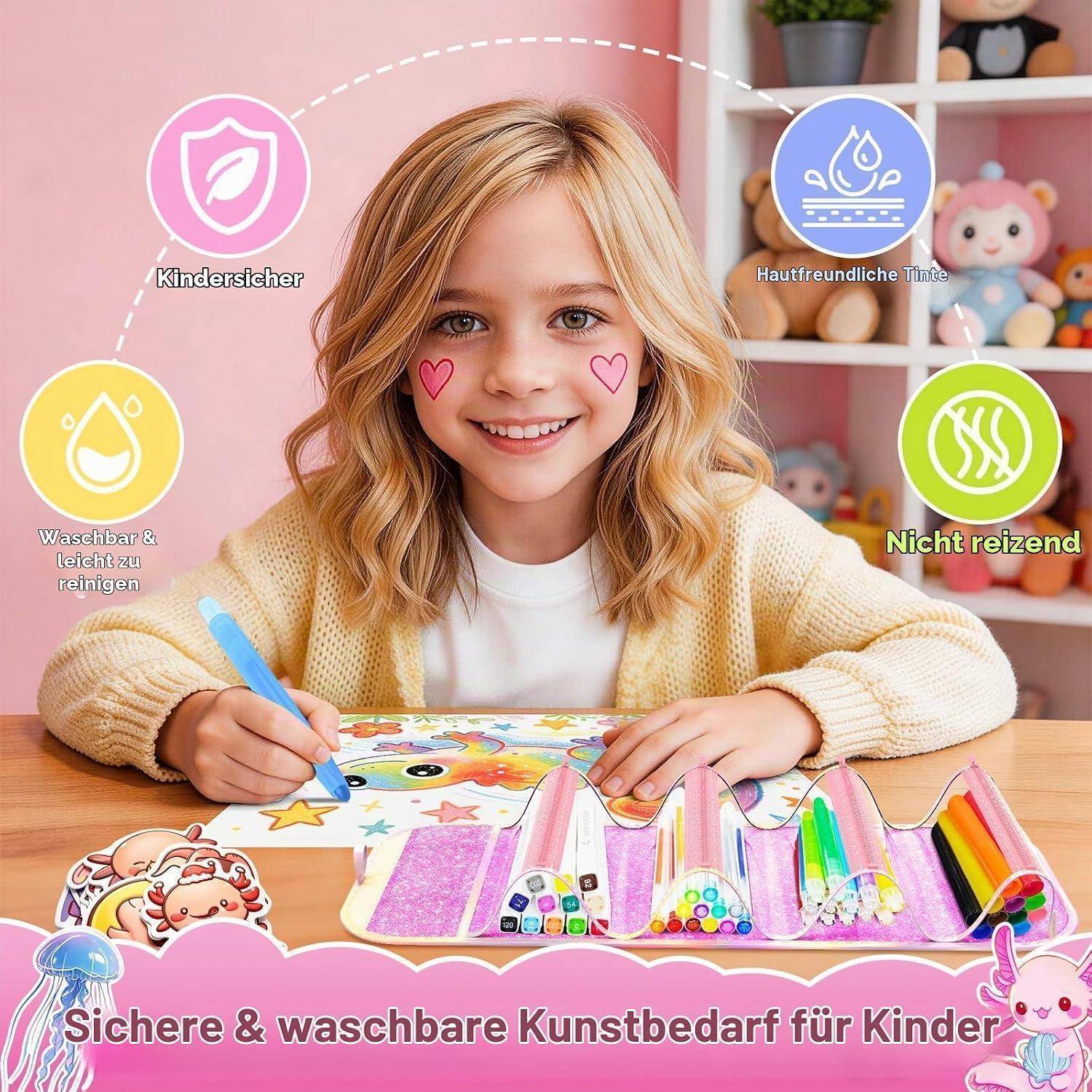 Lächelndes Mädchen malt mit auswaschbaren bunten Kunstmaterialien; deutsche Beschriftungen heben kinderfreundliche, hautfreundliche, nicht reizende Materialien hervor.