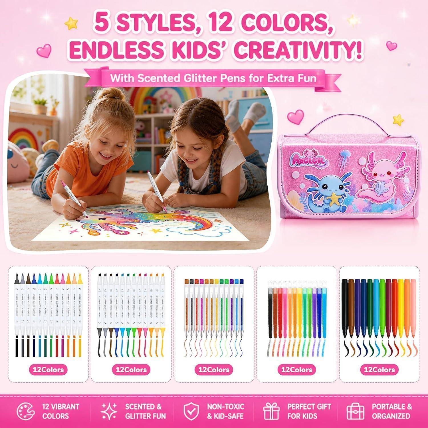 Werbeanzeige für rosa Kinderglitzerstift-Set mit zwei Mädchen beim Ausmalen, einer einhorntematischen Tasche und 12er-Stiftsets mit der Aufschrift „5 Stile, 12 Farben, endlose Kreativität für Kinder!"
