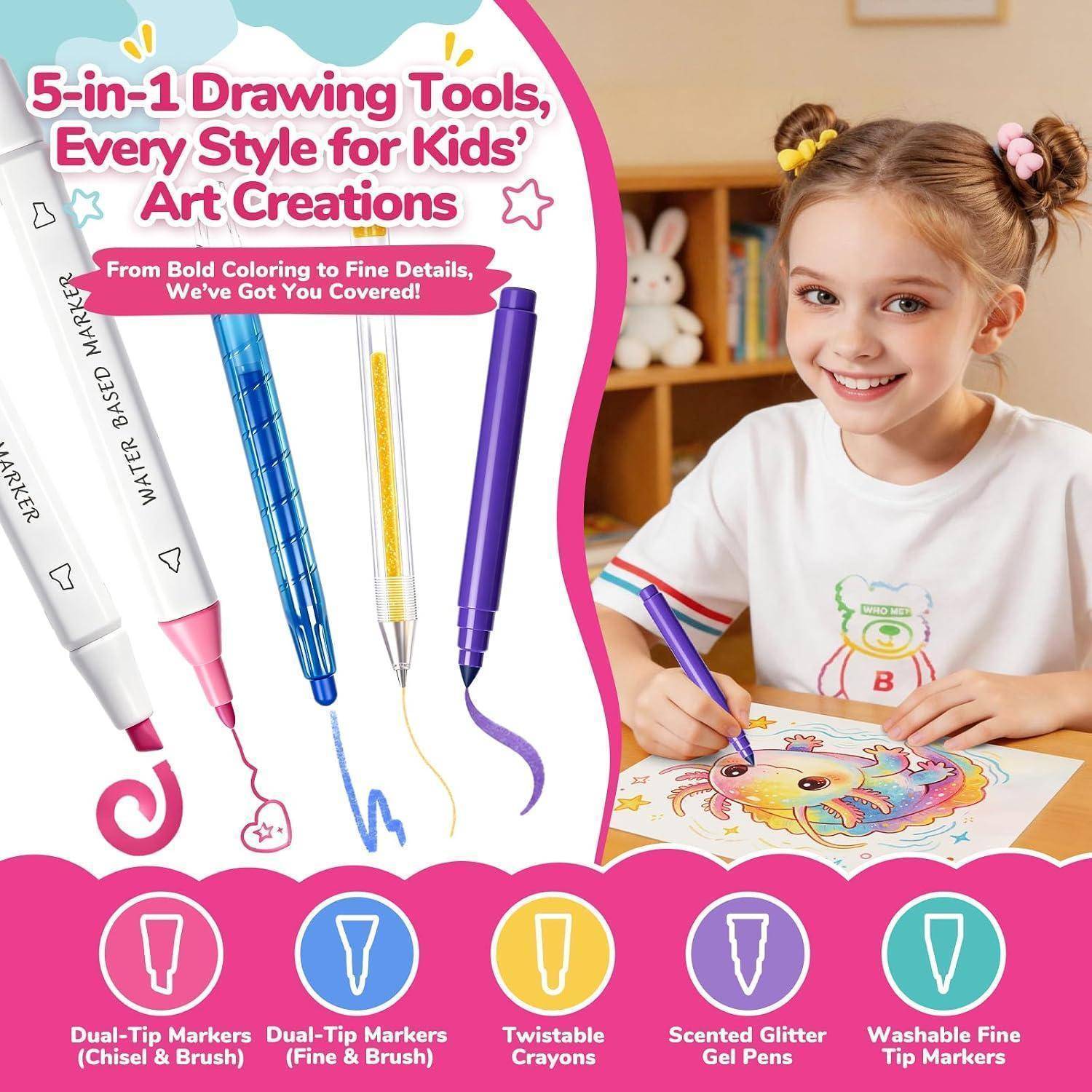 JYPS Malset für Kinder mit Federmäppchen, 70 Stück Axolotl Waschbar Schreibset Set mit Filzstifte, Glitzerstifte, Buntstifte, Marker, Kunstset Gesc