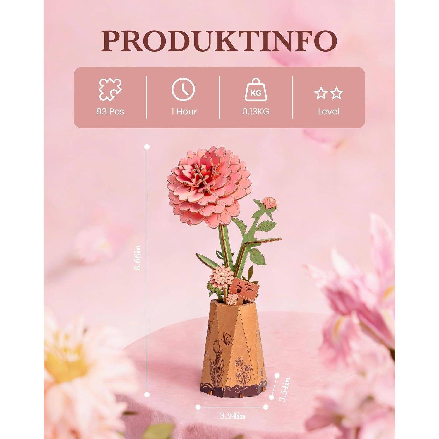 Produktinformationen für ein 93-teiliges DIY-Blumenmodell, 1 Stunde Montage, 0,13 kg, Schwierigkeitsstufe 4; zeigt eine rosa Blume in einer Vase mit Abmessungen von etwa 9,4 x 3,5 Zoll.
