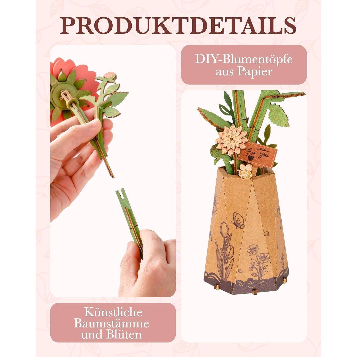 Produktdetail-Grafik, die eine DIY-Blumentopf-Anordnung aus Papier mit künstlichen Stängeln und Blüten zeigt, beschriftet mit „Künstliche Baumstämme und Blüten