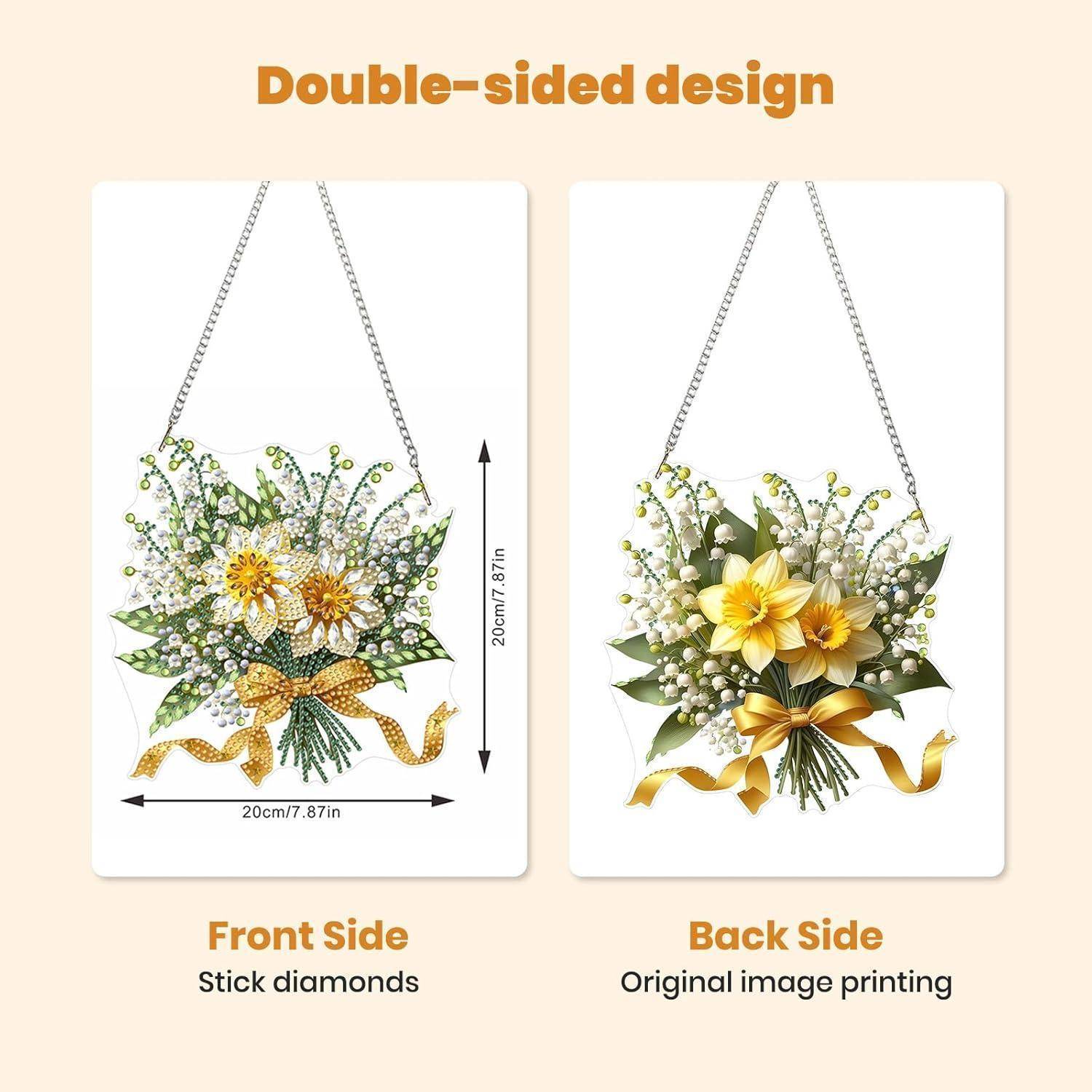 Produktgrafik zeigt eine beidseitige hängende Blumendekoration, mit der Vorderseite mit der Bezeichnung 