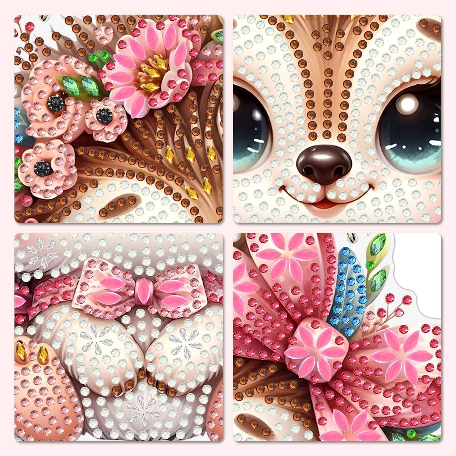 Eine vierteilige Collage aus süßem Tier- und Blumen-Diamantkunst, einschließlich eines Hasengels und rosa Blumenverzierungen in Pastellfarben.