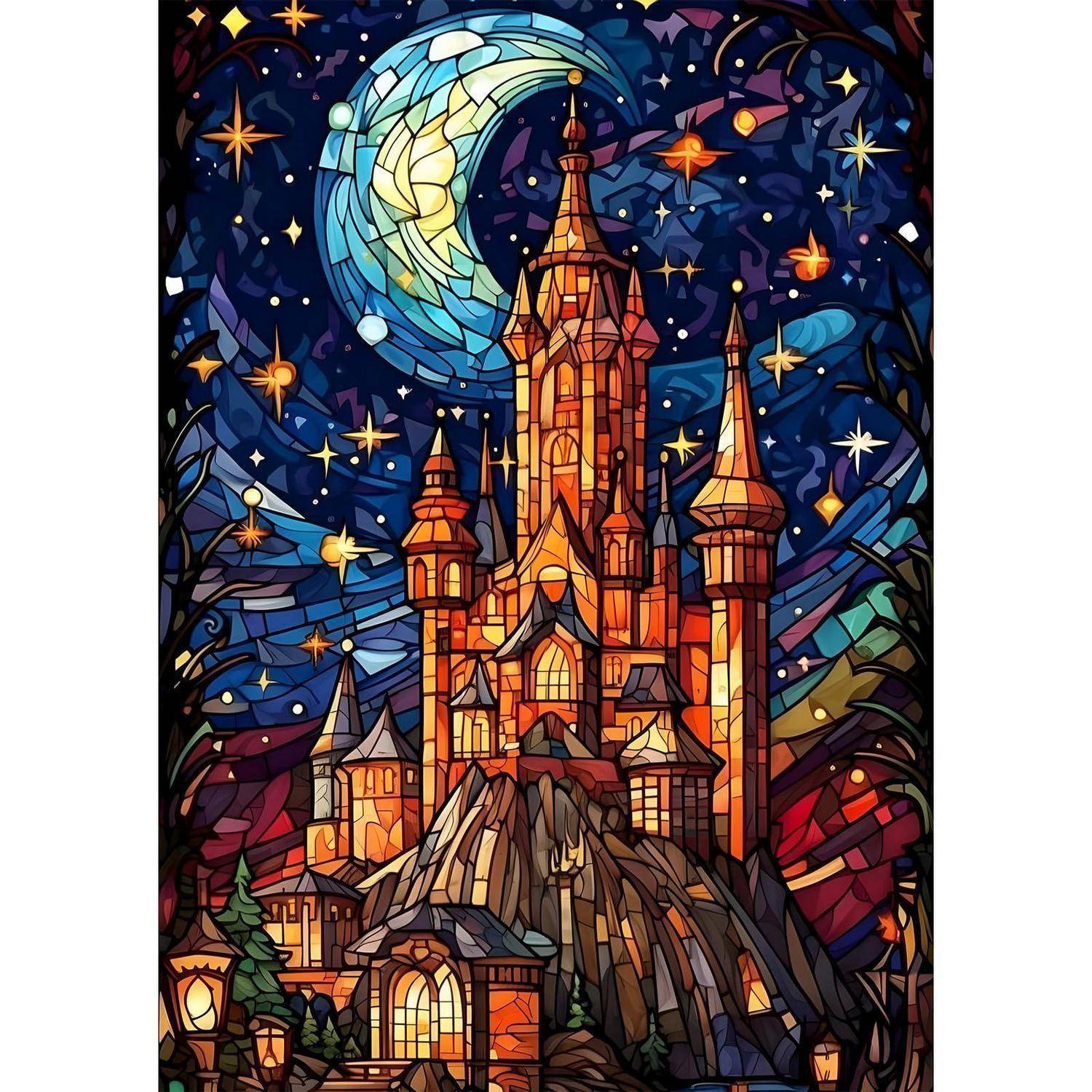 Buntglasstil-Schloss mit hohen Türmen unter einer Mondsichel und Sternen, eingebettet in einen dunklen Nachthimmel.