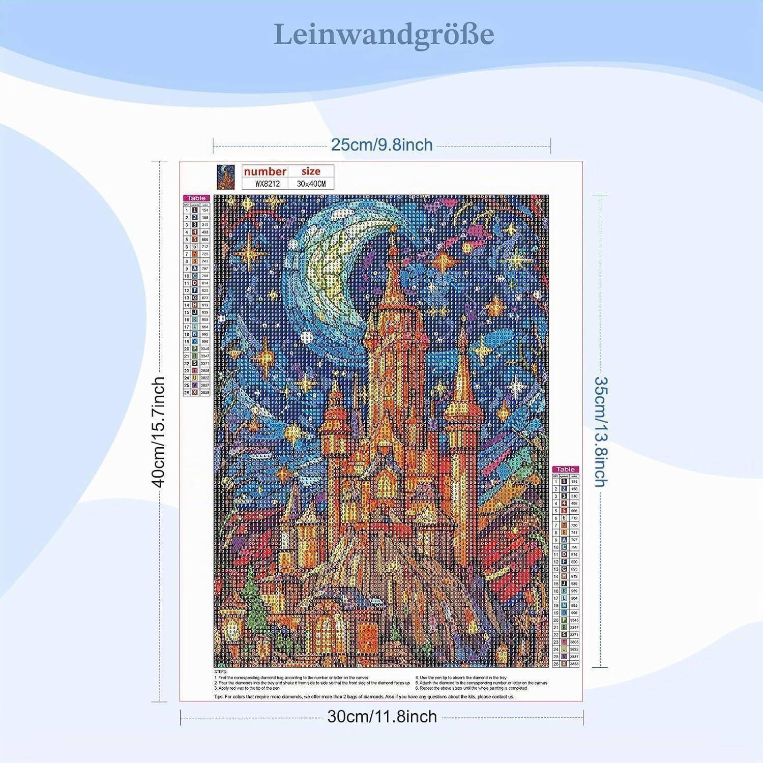 Diamantmalerei-Set-Bild mit einem Schloss unter einer Mondsichel und Sternen, mit Größenetiketten: 30 x 40 cm, 25 cm breit, 35 cm hoch.