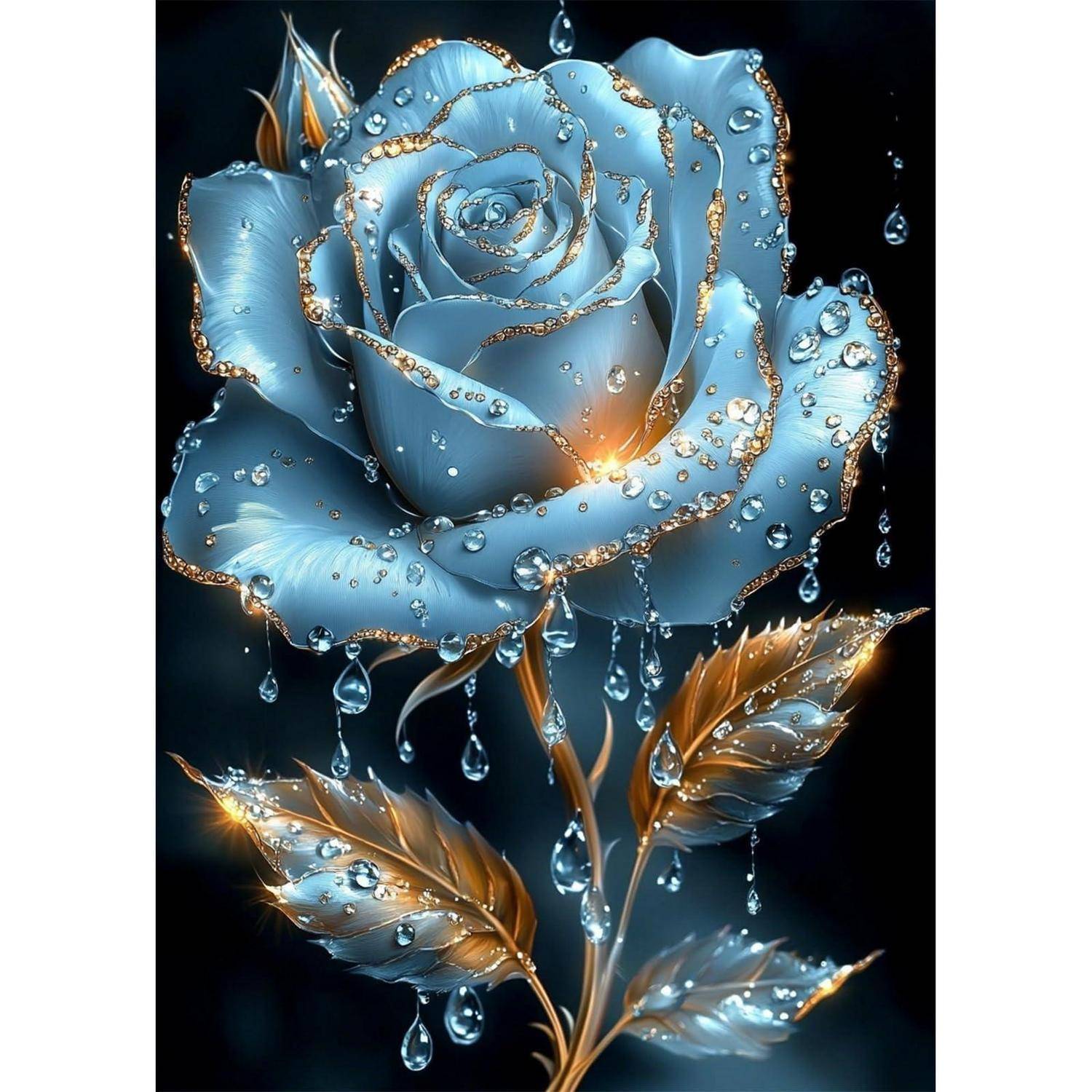 Eine blaue Rose mit goldenen Blättern, bedeckt mit glitzernden Wassertropfen vor einem dunklen Hintergrund.