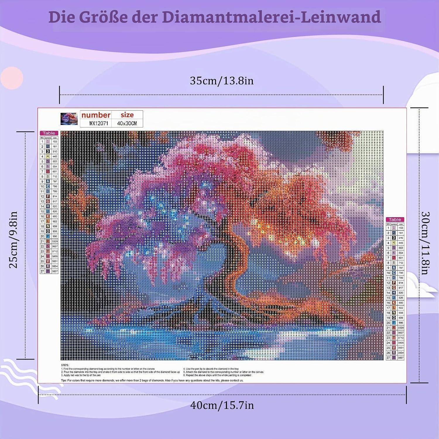 Infografik zeigt die Größe der Diamond-Painting-Leinwand, gekennzeichnet mit 40cm/15,7in Breite und 30cm/11,8in Höhe, mit einer 35cm/13,8in Obermessung und 25cm/9,8in Seitenmessung.