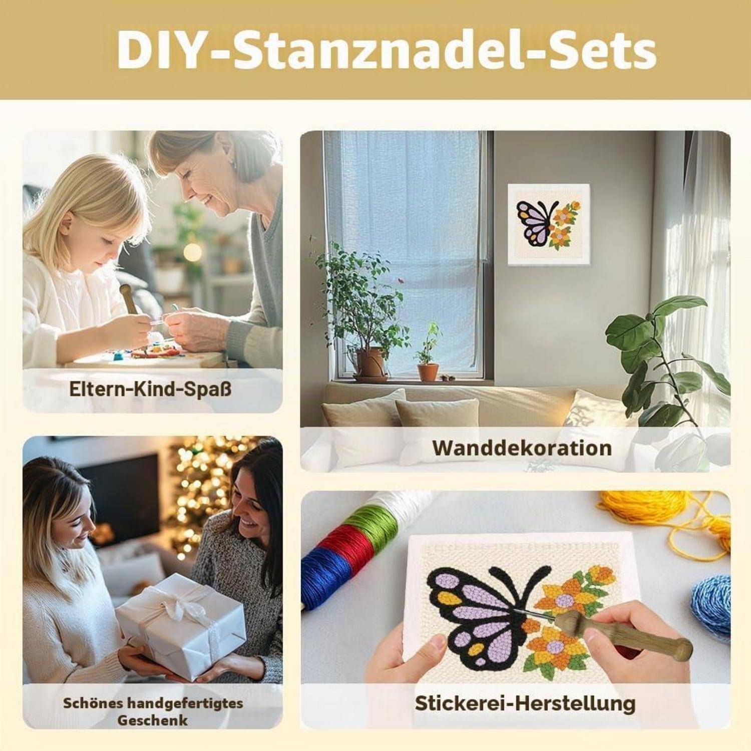 Collage zur Bewerbung von DIY-Stickset-Anwendungen: Spaß zwischen Eltern und Kindern, Wanddekoration, handgefertigte Geschenke und Stickerei-Herstellung mit gekennzeichneten Beispielen.