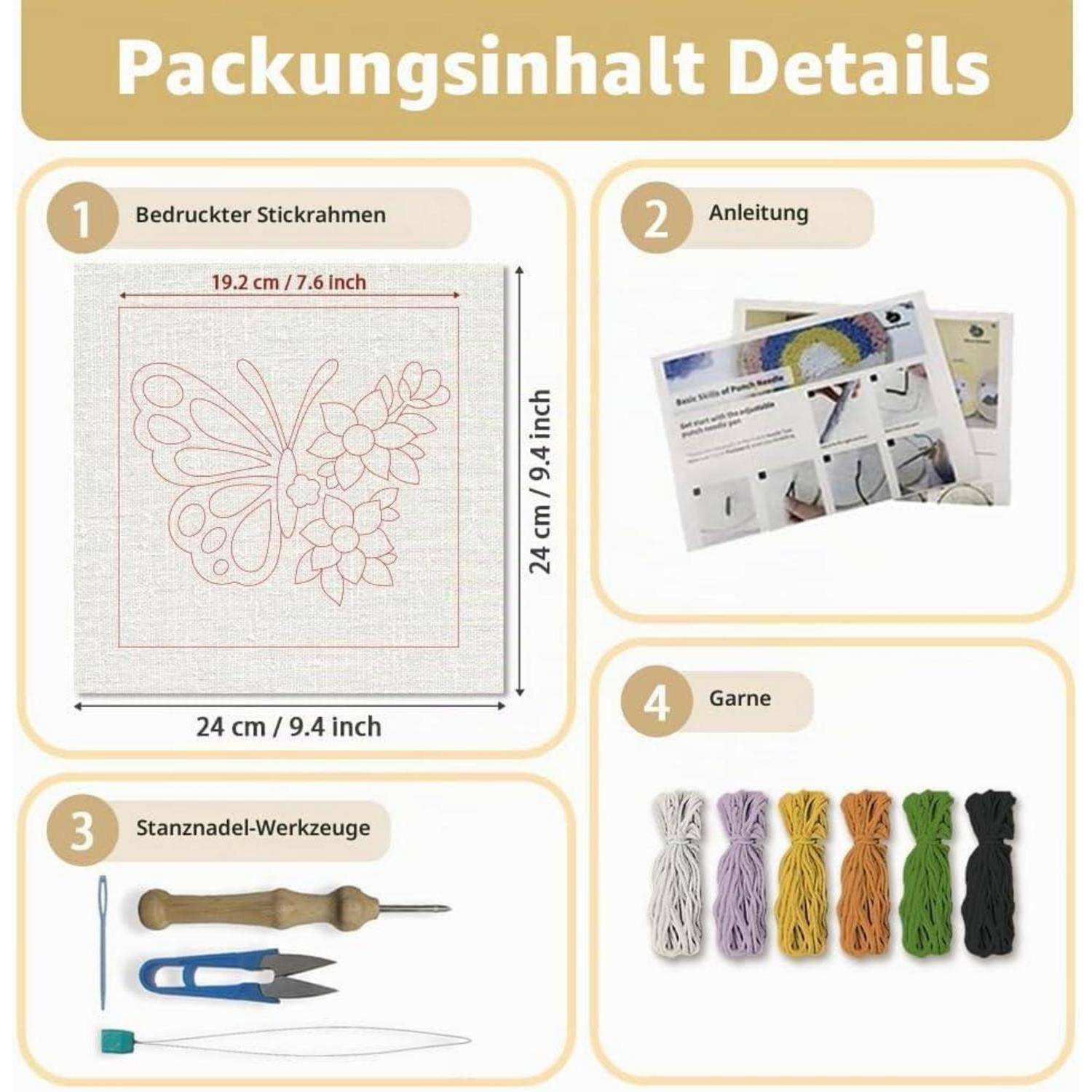 Paketinhalt Details zeigt eine bedruckte Stickrahmen, Bedienungsanleitung, Punch-Needle-Werkzeuge und mehrere Garnbündel.