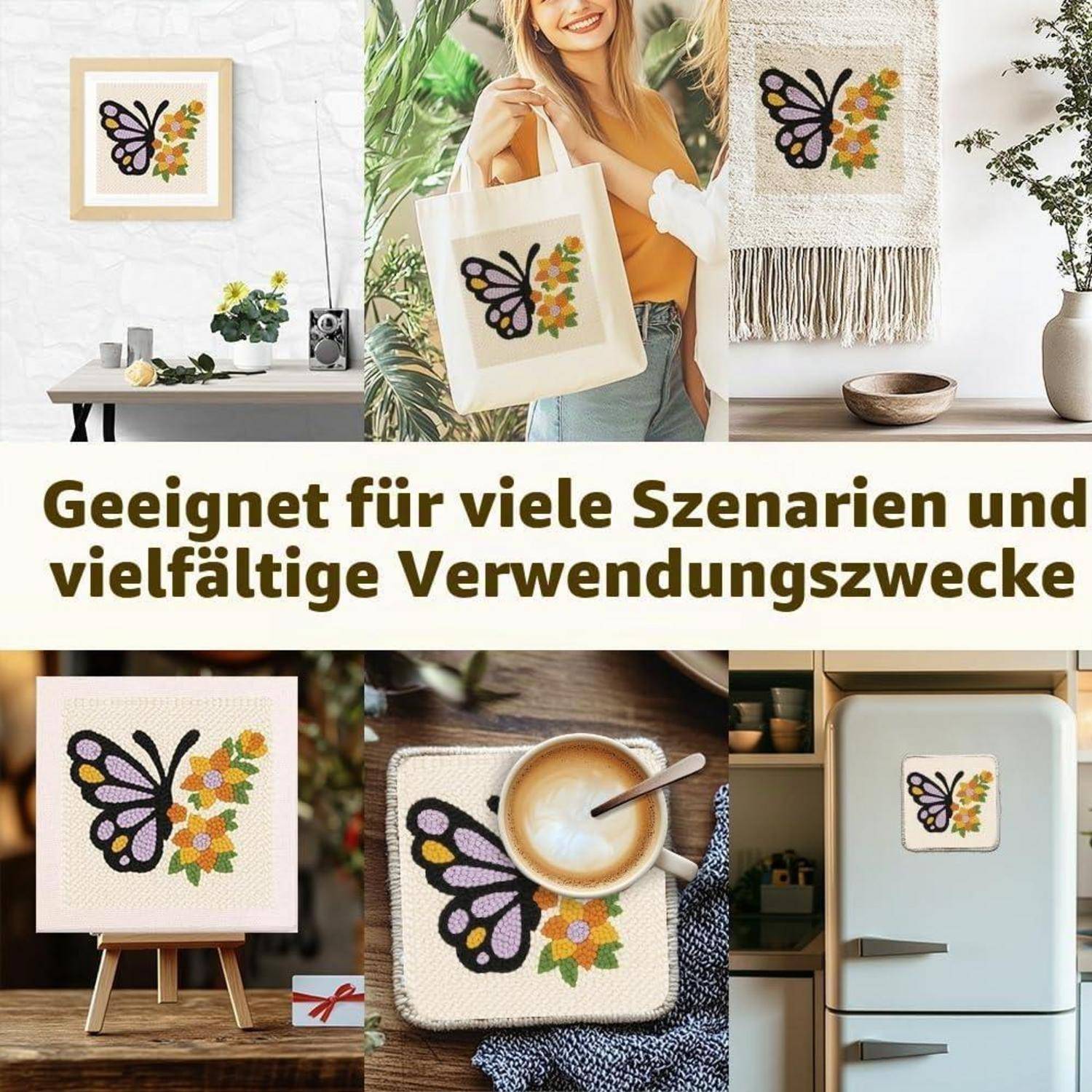 Collage eines Schmetterlings- und Blumendesigns auf Rahmenkunst, Tragetasche, Wandbehang, Untersetzer und einem Kühlschrankmagnet, mit deutschem Text „Geeignet für viele Szenarien und vielfältige Verwendungszwecke