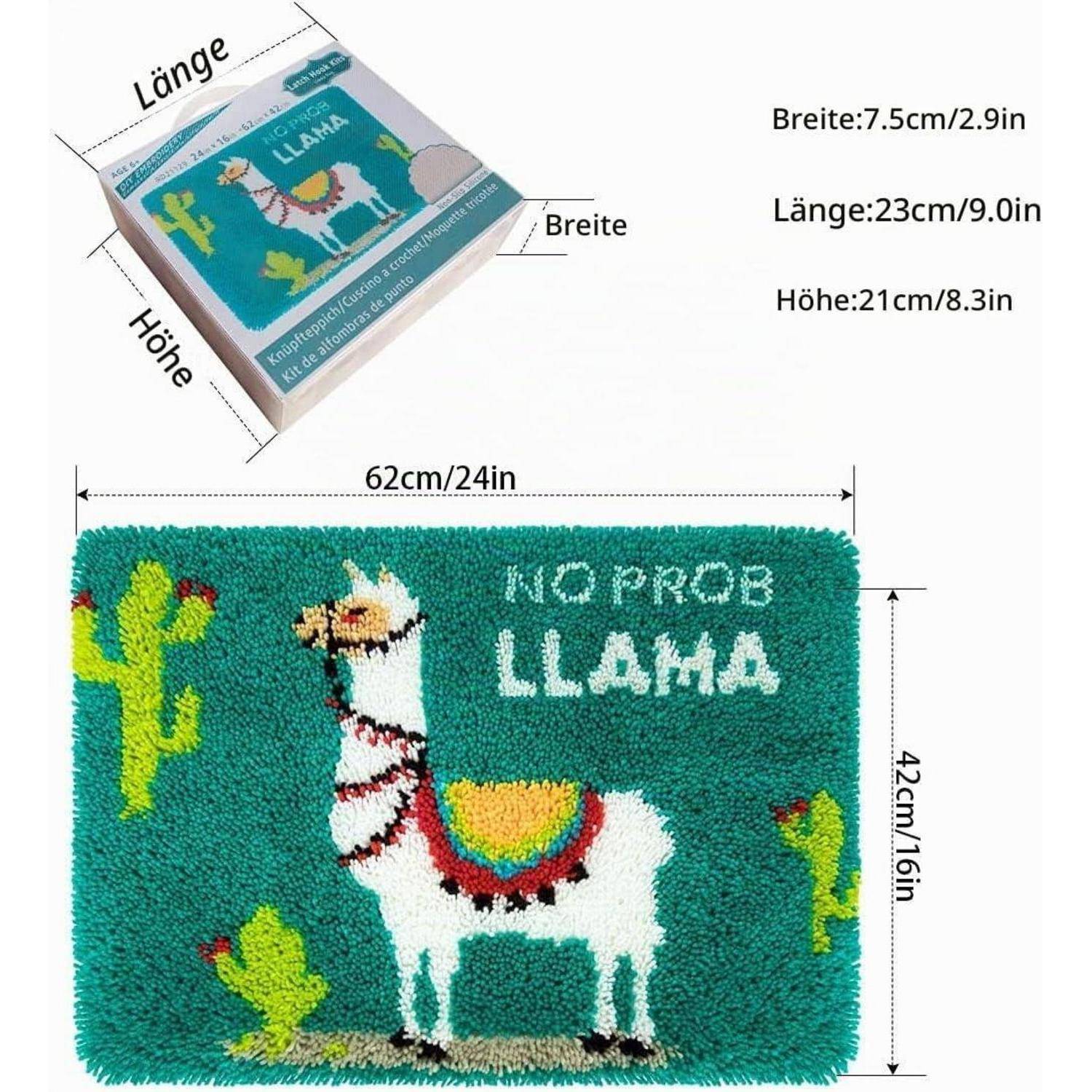 Produktbild mit einem türkisfarbenen lamaförmigen Teppich oder Matte mit der Aufschrift „NO PROB LLAMA