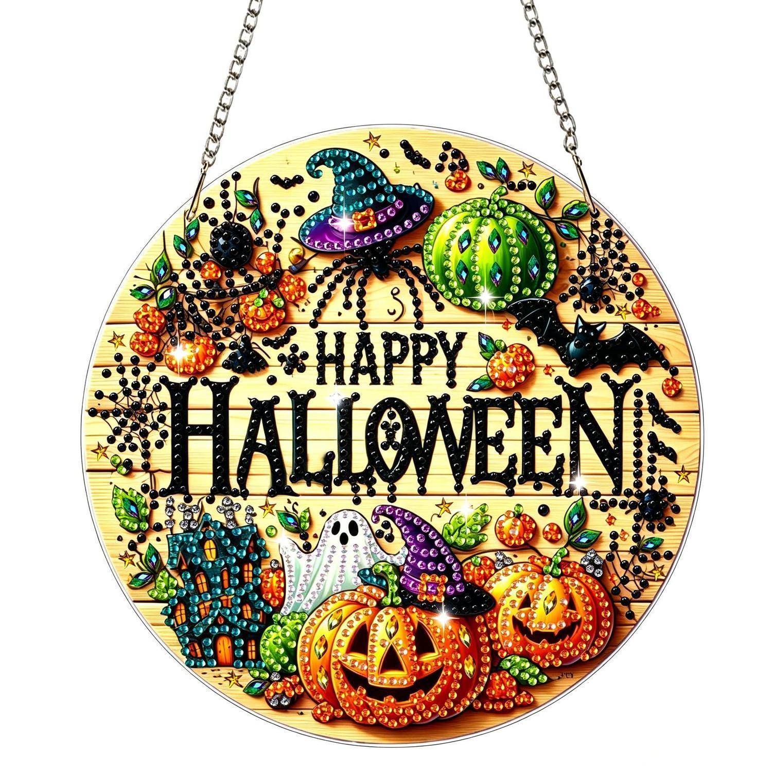 Dekoratives rundes Halloween-Schild mit dem Text „HAPPY HALLOWEEN
