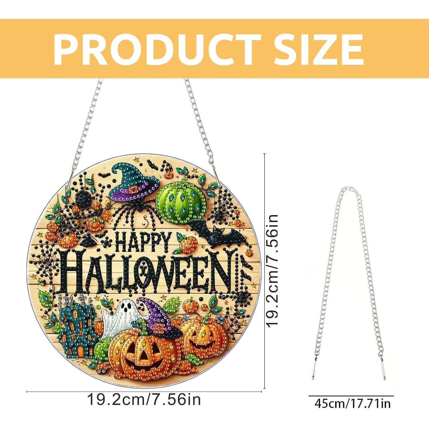 Produktgrößendiagramm eines runden Halloween-Hängeschilds mit Kette, mit den Maßen 19,2 cm × 19,2 cm (7,56 Zoll) und 45 cm (17,71 Zoll) Gesamthängelänge.