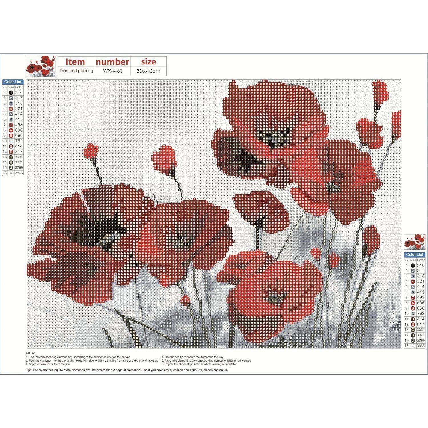 Diamantmalerei-Diagramm roter Mohnblüten auf Stielen, mit Farbcode-Legende und Artikeldetails oben und an den Seiten angezeigt.