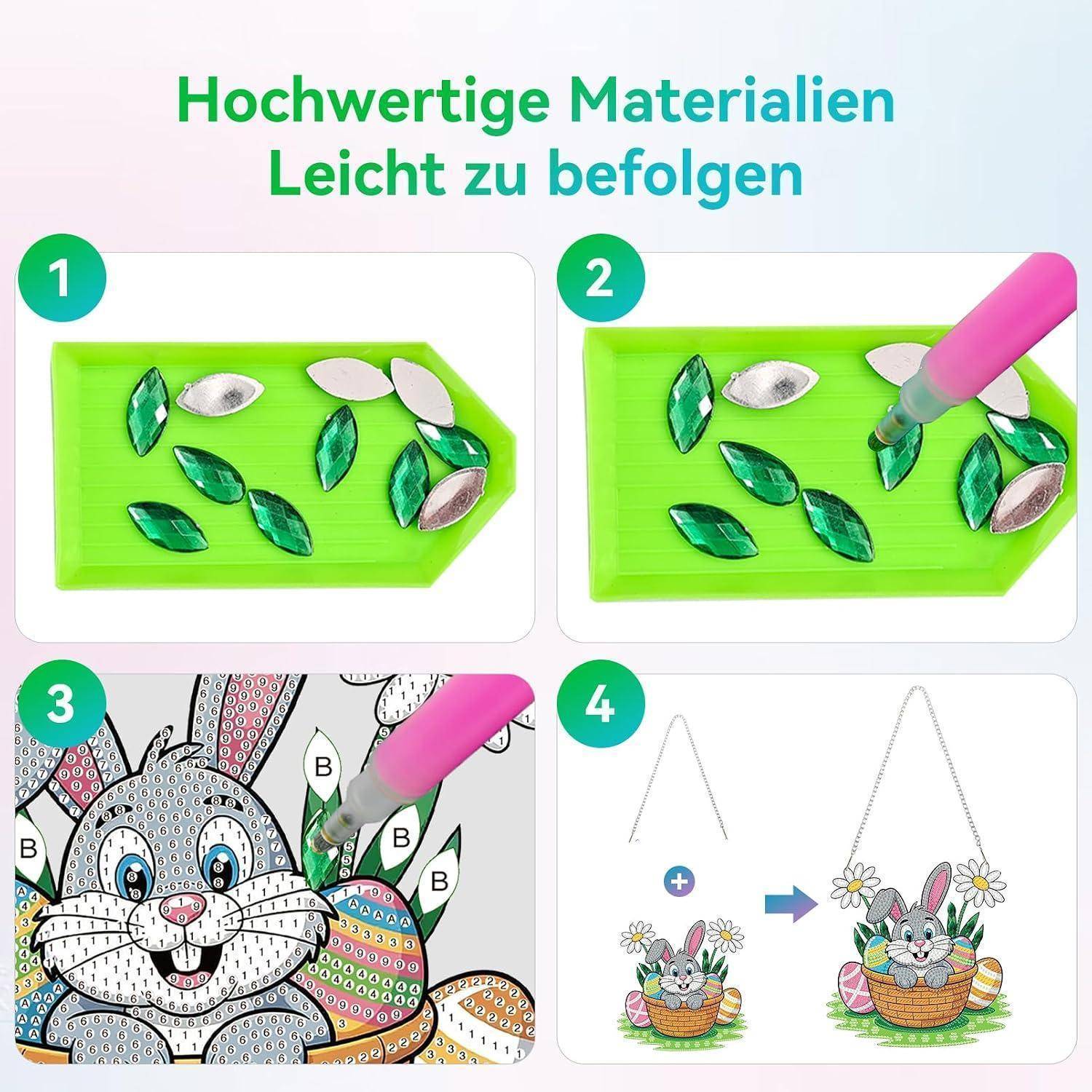 Nilnewuh Diamond Painting Osterhase Anhänger Set, Ostern 5D Diamant Malerei Bastelset, Hänge Kaninchen Ornament für Fenster Wand Eingang, Ostern