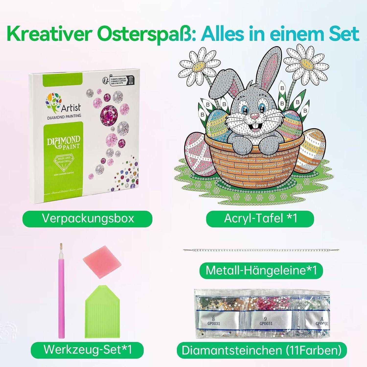 Deutsches Werbegrafik für ein Diamond-Painting-Set mit den enthaltenen Artikeln: Verpackungsbox, Acrylplatte mit Kaninchendesign, Werkzeugsatz, Metallaufhängeleine und 11-farbige Diamantsteine.