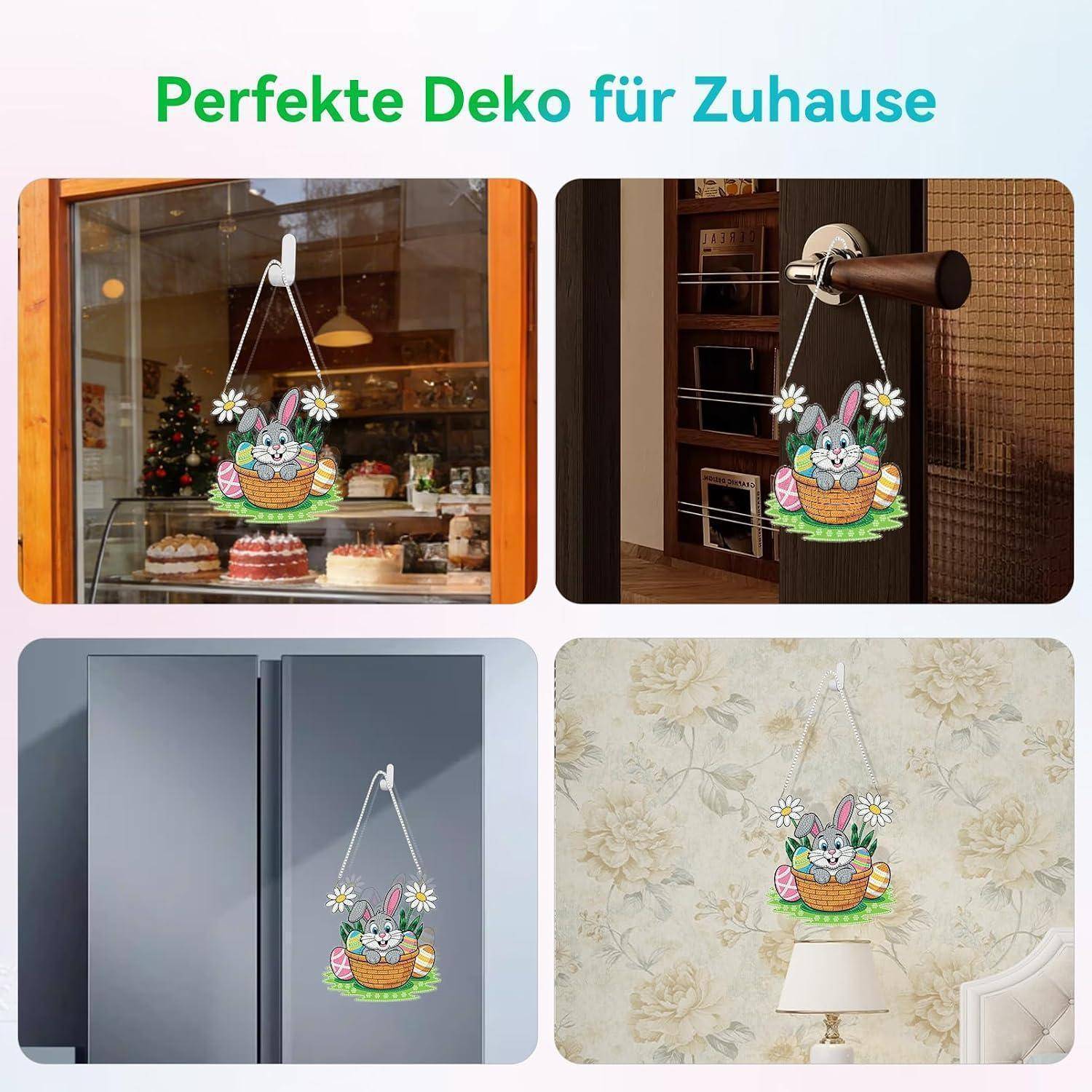 Werbeabbildung, die eine Cartoon-Kaninchen-Oster-Hängdeko zeigt, die auf einem Fenster, einer Türklinke, einem Kühlschrank und einer Wand angebracht ist; die Überschrift lautet „Perfekte Deko für Zuhause