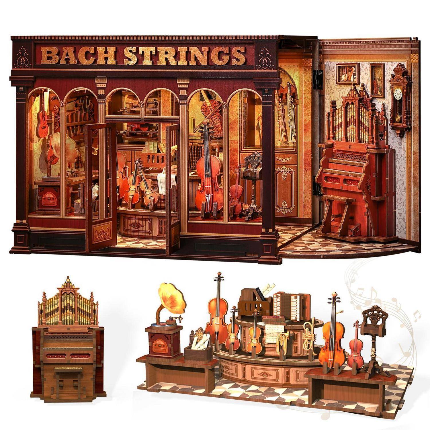 Bild eines hölzernen Miniatur-Musikgeschäfts mit der Bezeichnung „BACH STRINGS