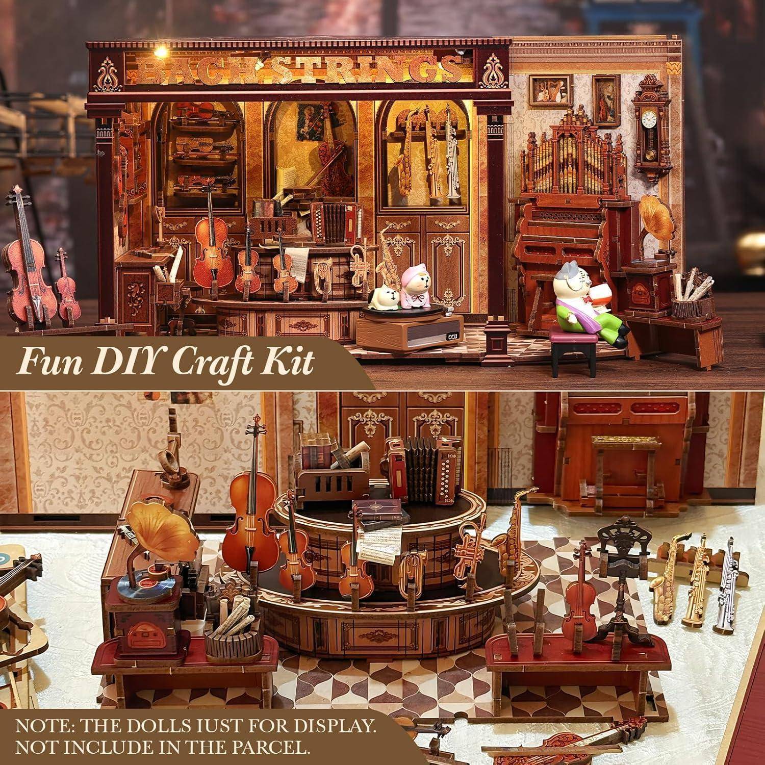 Miniatur-Musikgeschäft-Basteltset-Display mit winzigen Saiteninstrumenten und einer Orgel; Text besagt „Spaß-DIY-Bastelset
