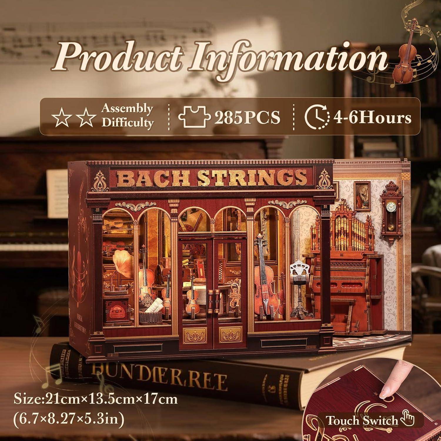 Produktinformationen für ein BACH STRINGS Miniatur-Bücherregal-Bausatz: 285 Teile, Schwierigkeitsgrad der Montage mit zwei Sternen angezeigt, geschätzten Bauzeit 4-6 Stunden, Größe 21 cm x 13,5 cm x 17 cm.