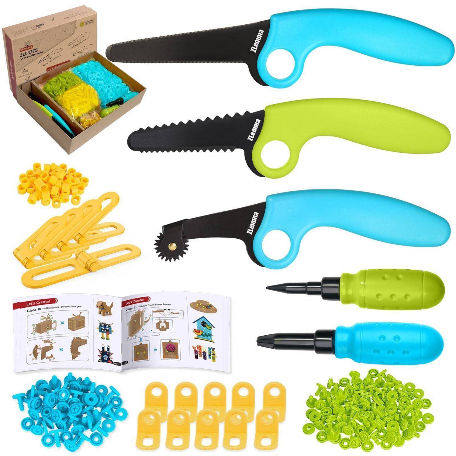 Kinder-Bastelset mit drei Kunststoff-Spielsägen, zwei stiftförmigen Werkzeugen, Clips, Zahnrädern, Schrauben und Anleitungsheft in einer Schachtel.