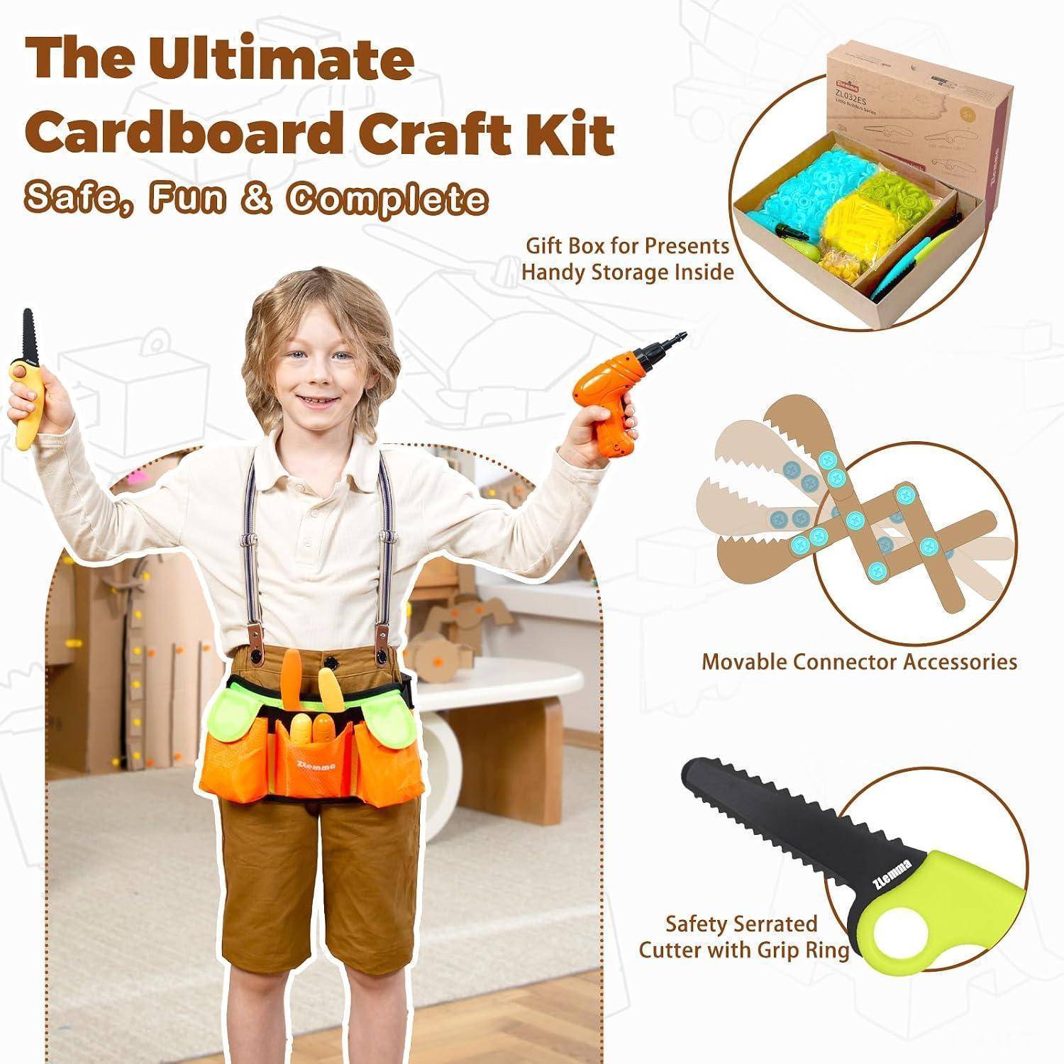 Werbebild eines Kindes, das Handwerkswerkzeuge hält, das „The Ultimate Cardboard Craft Kit