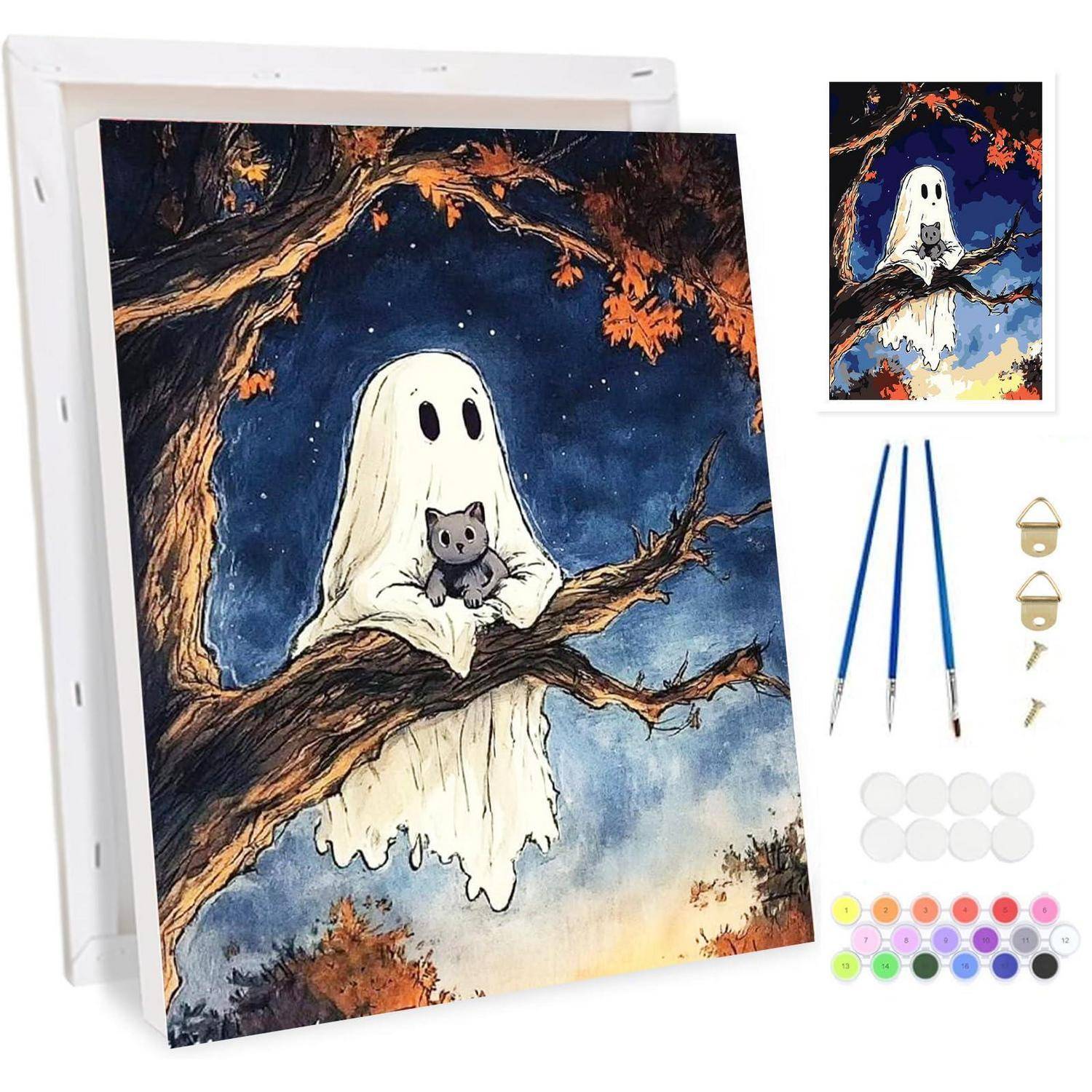 Malen-nach-Zahlen-Set mit einem Gespenst, das eine Katze in einem mondbeleuchteten Baum hält; enthält Leinwand, kleines Referenzbild, Pinsel, Aufhängehardware und Farbdosen.