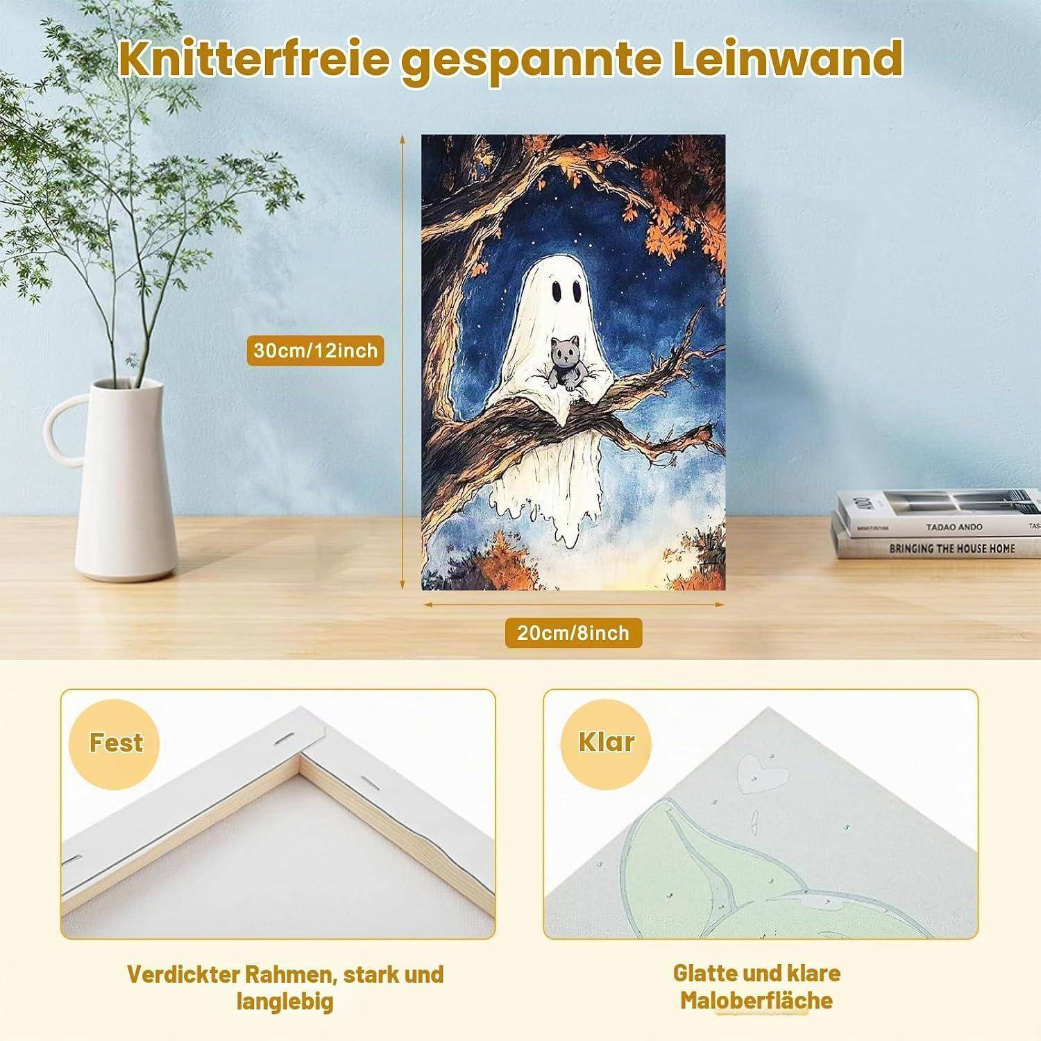 Produkt-Anzeige für einen faltenfreien Stretched-Canvas-Druck, 20x30 cm, dargestellt auf einem Schreibtisch; Detailbilder zeigen einen dicken Rahmen und eine glatte, klare Oberfläche.