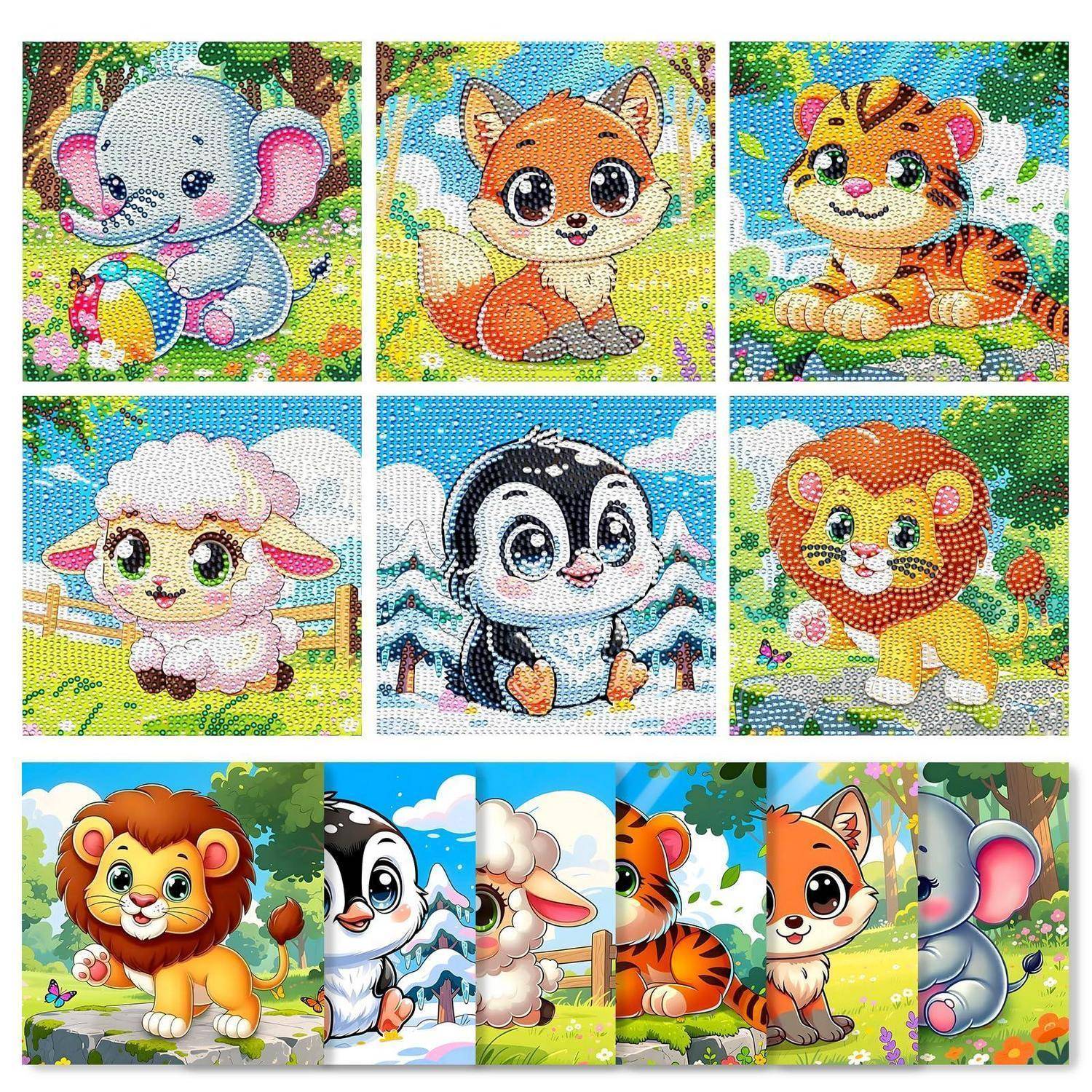 Eine Collage von sechs süßen Cartoon-Tieren in separaten Feldern und einem unteren Streifen derselben Tiere: Elefant, Fuchs, Tiger, Lamm, Pinguin und Löwe.