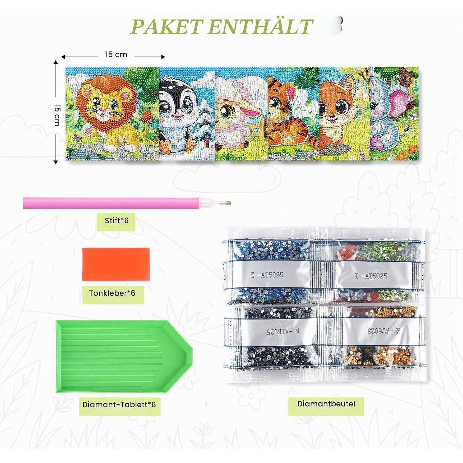 Inhalt des Diamond-Painting-Sets: 15 cm großes quadratisches Leinentuch, Griffel, Wachs, Tablett und beschriftete Taschen mit Diamantperlen.