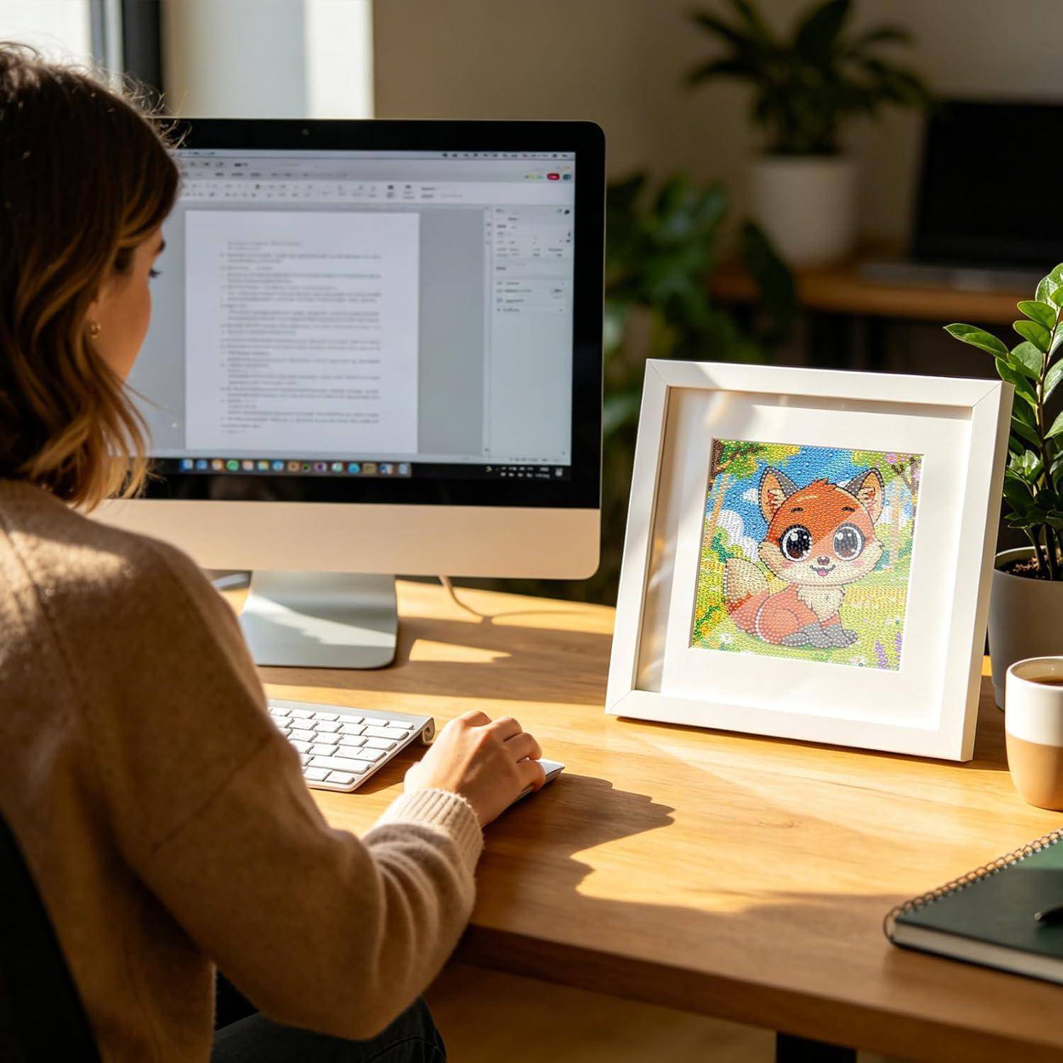Frau, die an einem Desktopcomputer neben einer gerahmten Fuchsillustrationen an einem sonnendurchfluteten Schreibtisch arbeitet.