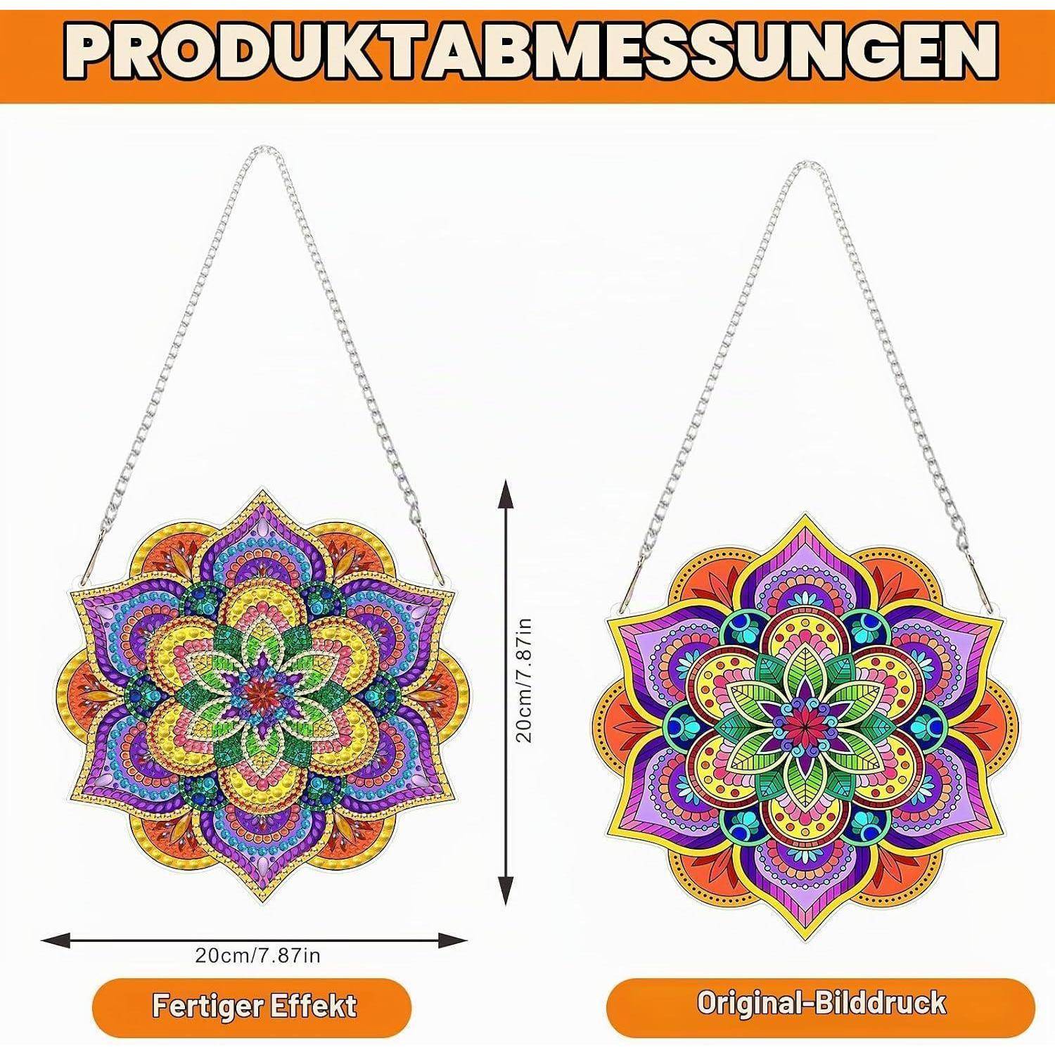 Produktmessungs-Grafik mit zwei hängenden Mandala-Dekorationen: „Fertiger Effekt