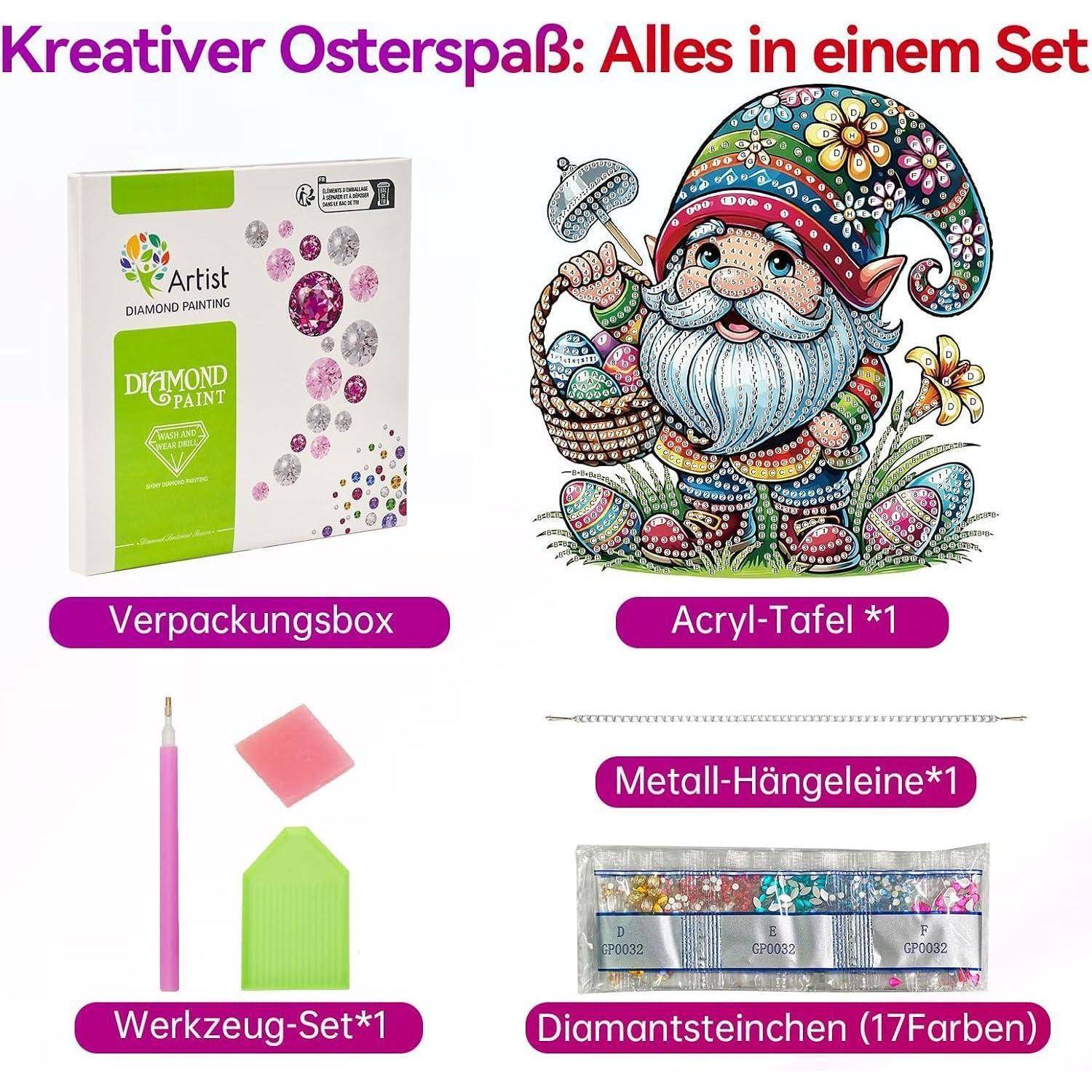 Infografik eines Diamond-Painting-Sets: Verpackungskarton, Gnom-Acrylplatte, Werkzeugsatz, Metallaufhängeleine und 17-farbige Diamantsteine.