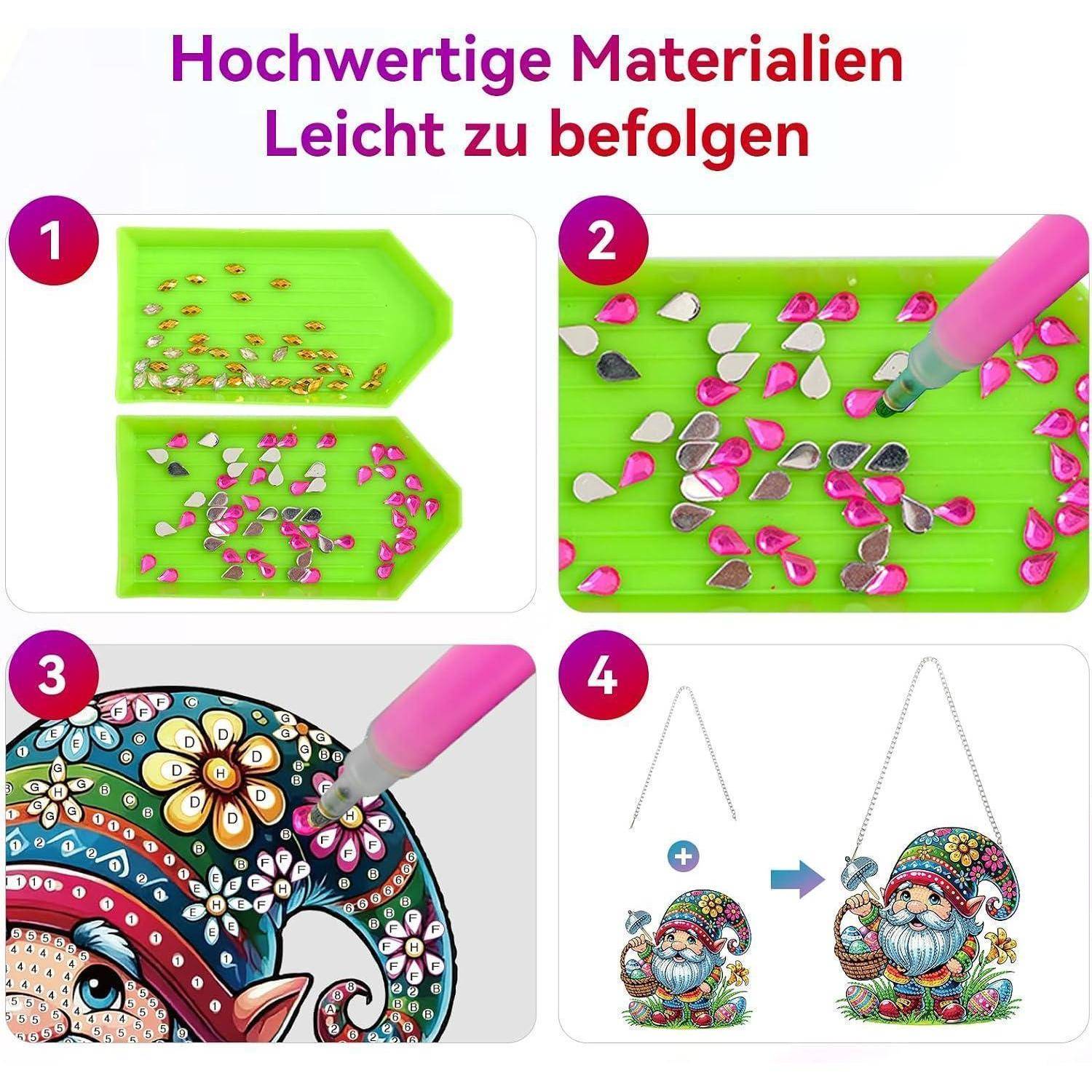Vierschrittiges Diamantmalerei-Tutorial: Steine sortieren, Steine auf ein Tablett legen, mit einem Applikator ein gemustertes Design ausfüllen, dann die fertige Gnomdekoration aufhängen.