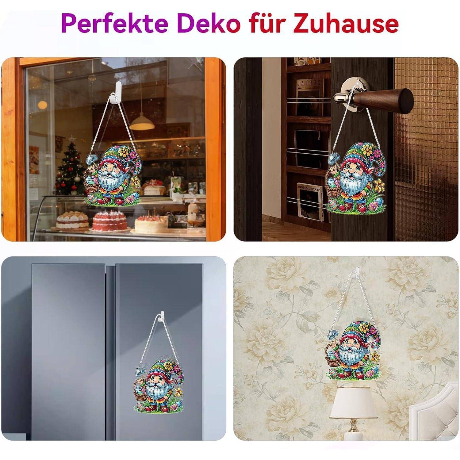 Collage mit einem bunten Gnom-Wandbehang/eine bunte Gnomdekoration, die in vier Wohnungseinrichtungen gezeigt wird: ein Schaufenster, eine Türklinke, ein Kühlschrank und neben einer Lampe.