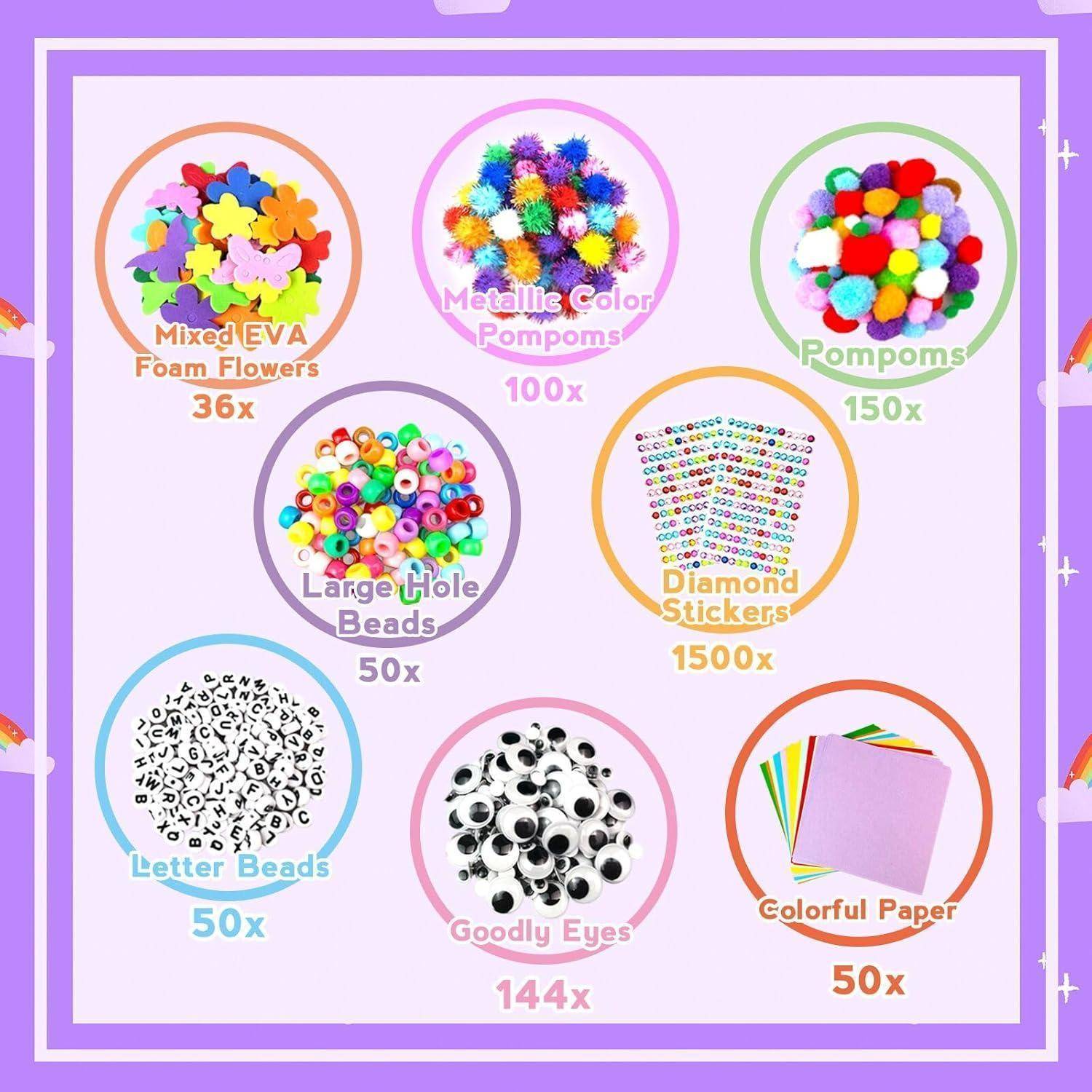 Bastelset mit Mengenangaben für gemischte EVA-Schaumstoffblumen, metallische Pompons, Pompons, Großloch-Perlen, Diamant-Aufkleber, Buchstaben-Perlen, Wackelaugen und farbiges Papier.